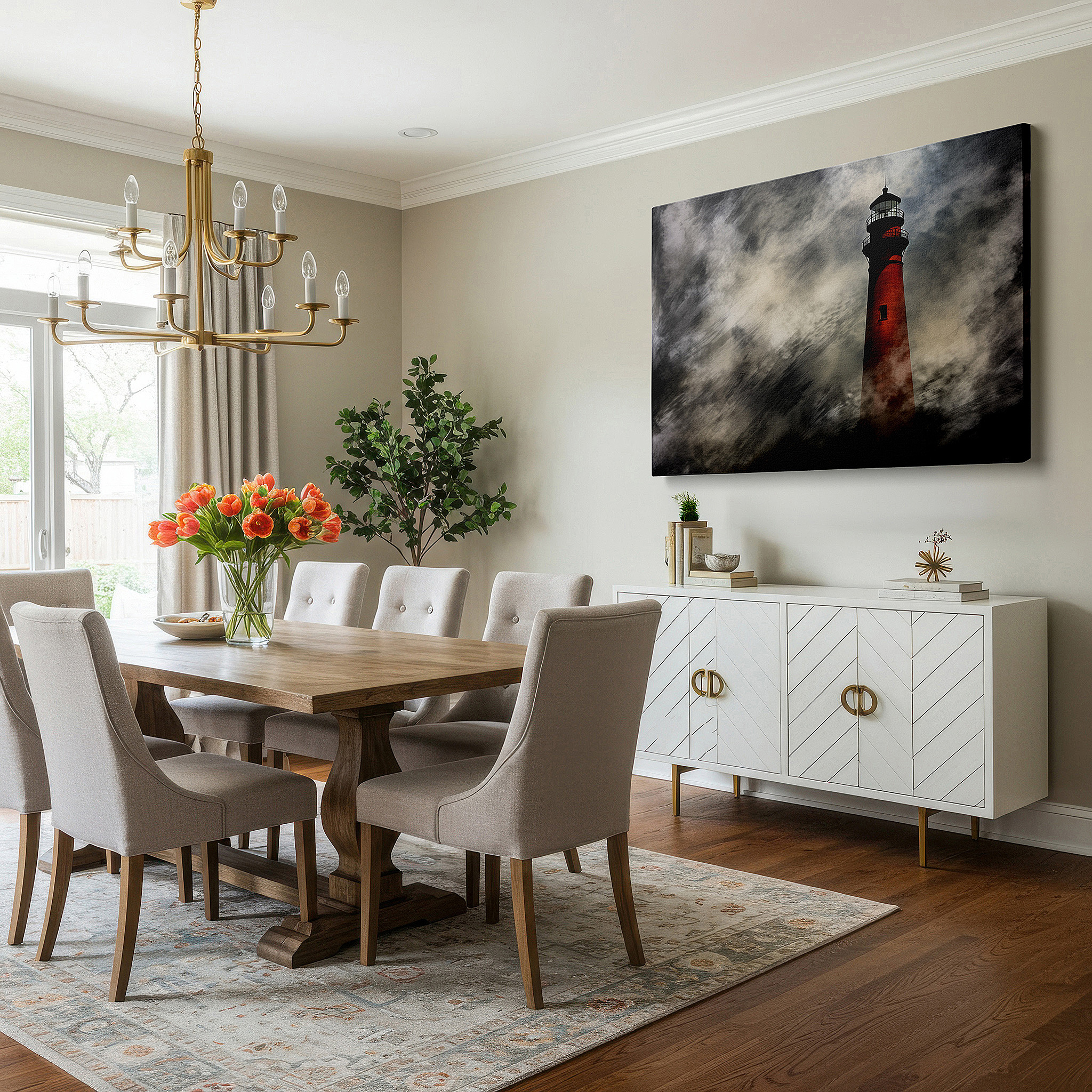 Gently illuminated by ambient lighting in an entryway — vibrant red lighthouse - a symbol of resilience under stormy skies large wall art, canvas wall art, wall decor, office wall art, bedroom wall art