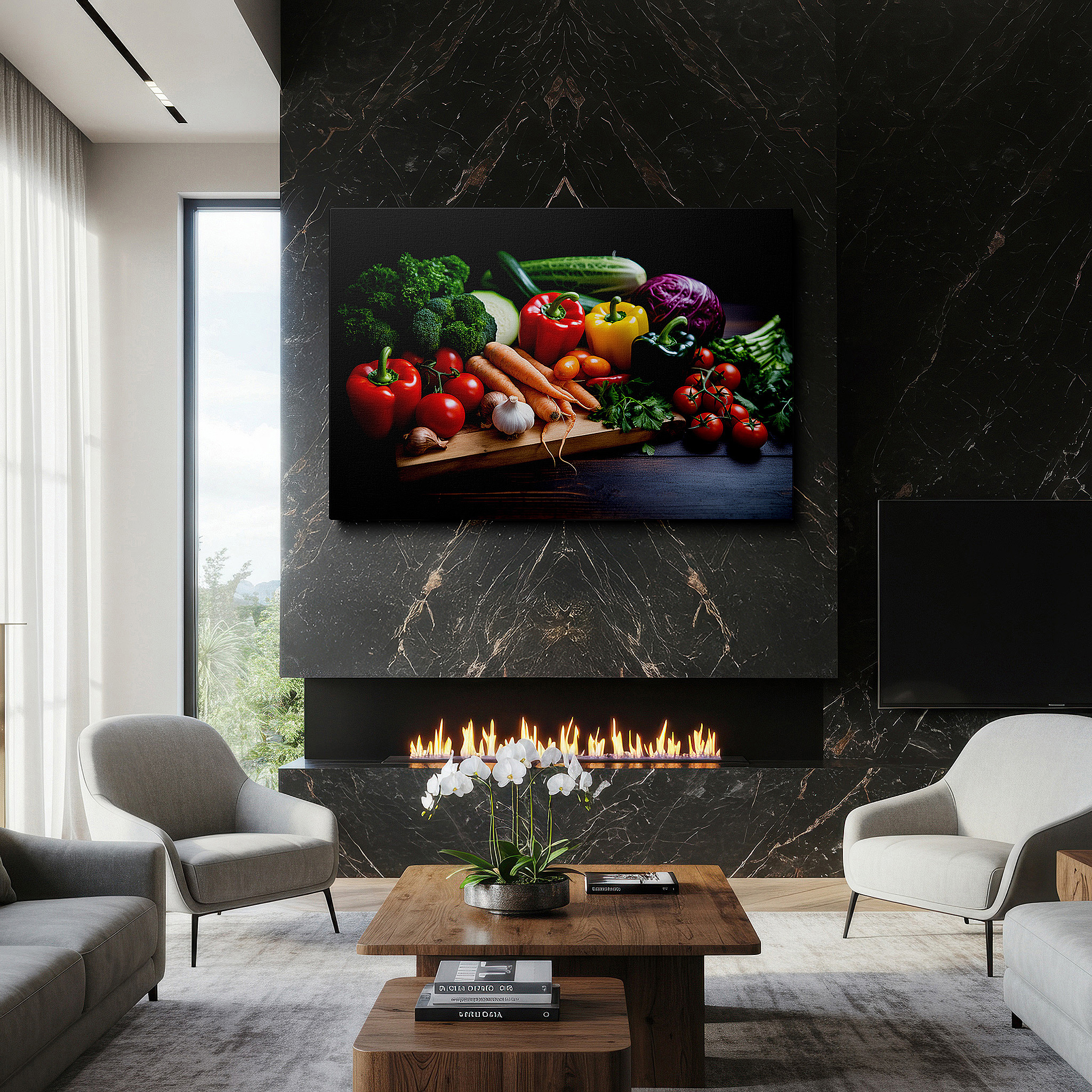 Gently illuminated by ambient lighting in an entryway — vibrant vegetables displayed on a rustic table - celebrating freshness and natural beauty, large wall art, canvas wall art, wall decor for office