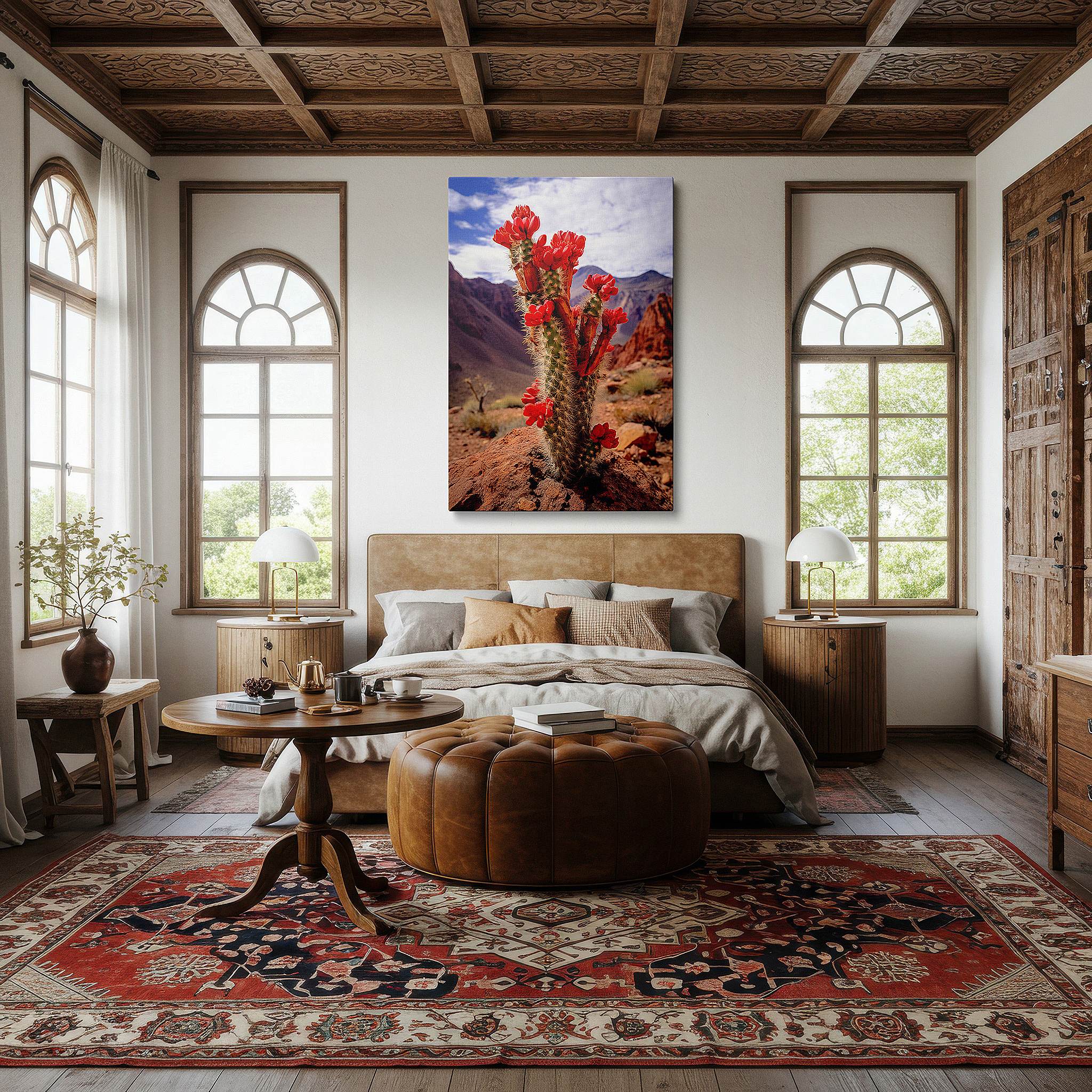 Gently illuminated by ambient lighting in an entryway — vivid red cactus flowers set against a peaceful desert scene, representing resilience and beauty - large wall art, canvas wall art, wall decor for office