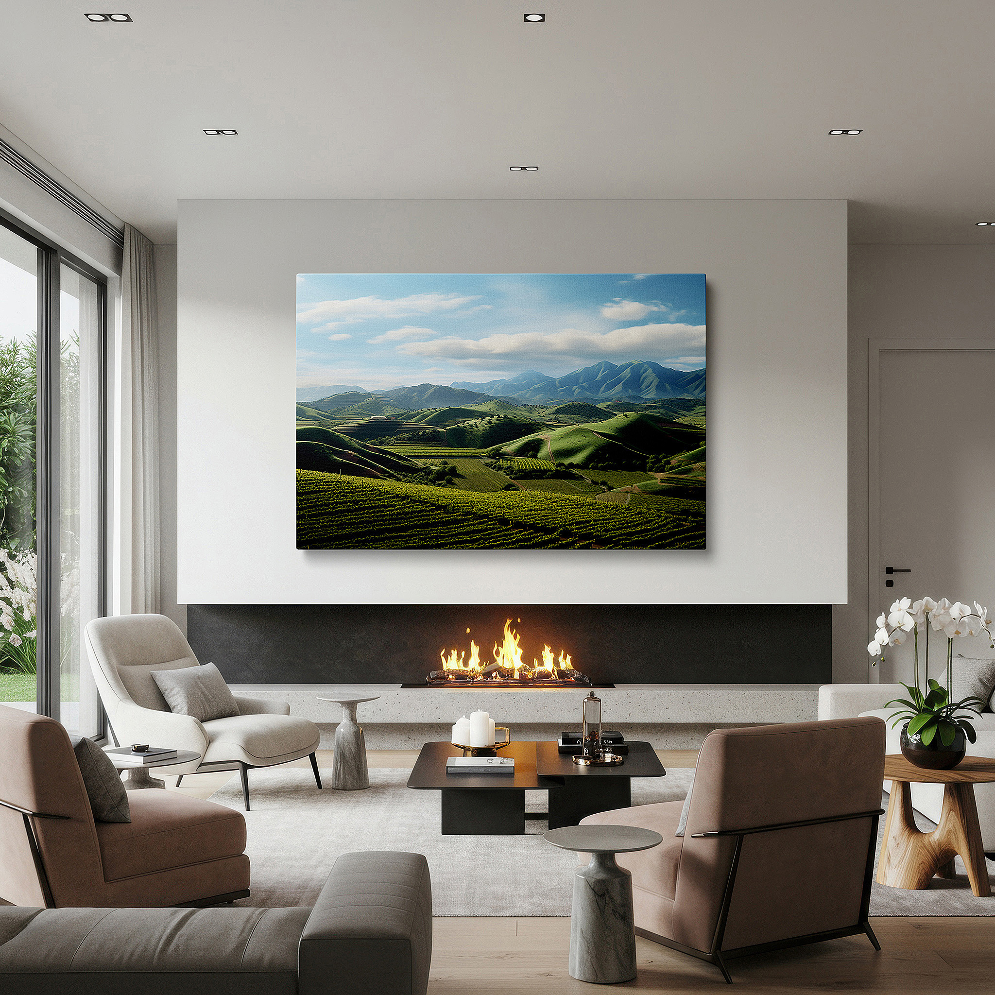 Gently illuminated by ambient lighting in an entryway — wall art: blending nature and human craftsmanship in a verdant vineyard scene - large canvas wall art for home and office decor, perfect for living rooms and bedrooms