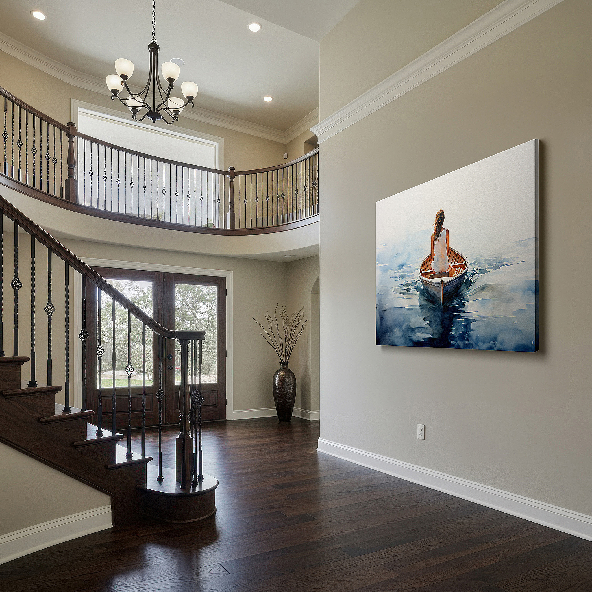 Gently illuminated by ambient lighting in an entryway — wall art: experience serene tranquility with a rustic boat at dawn - embrace peaceful nature and reflection. ideal for home or office decor, available as large canvas wall art.