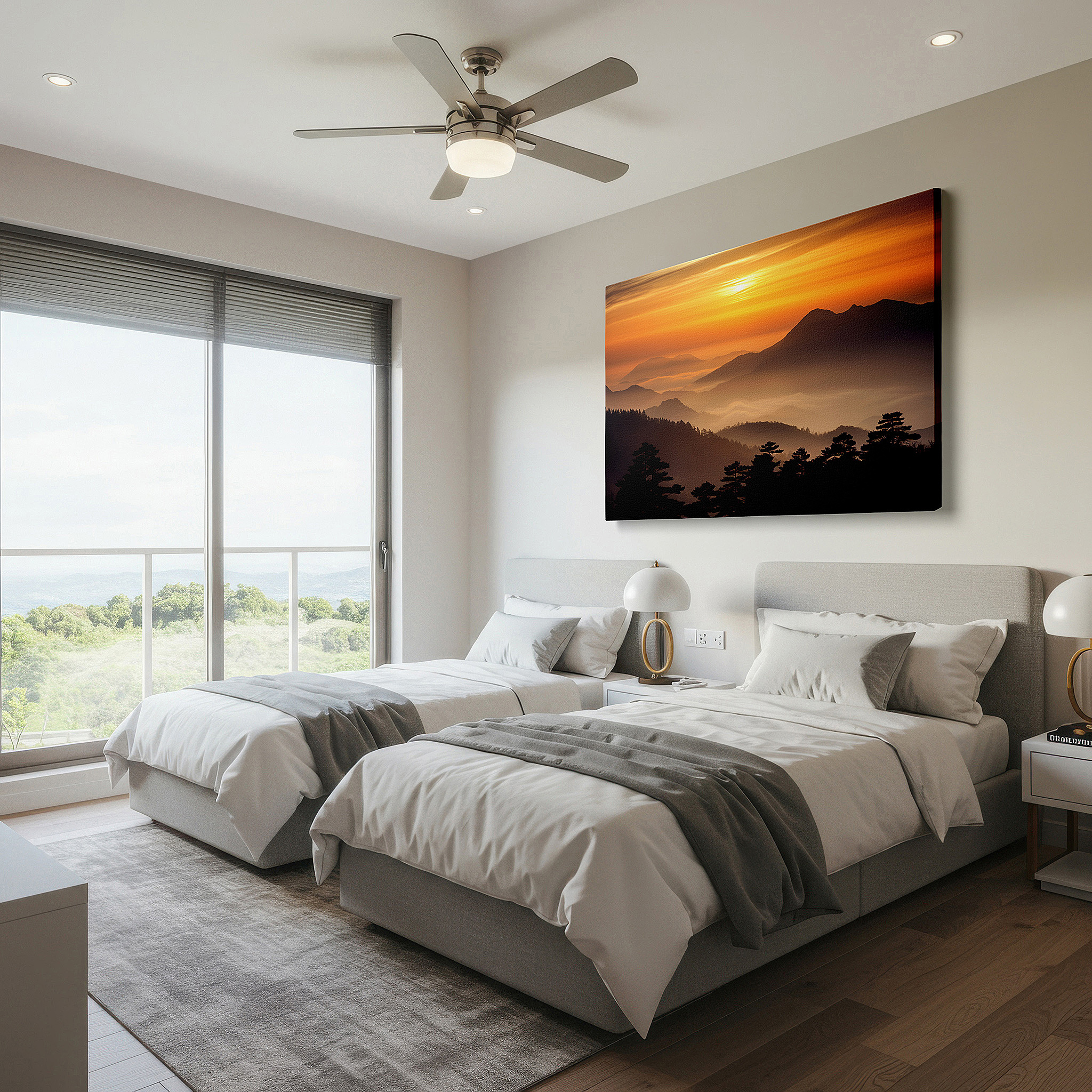 Gently illuminated by ambient lighting in an entryway — wall art: fiery sunset over rugged peaks - a vivid display of nature's beauty. perfect for office, bedroom, and home decor, available as large canvas wall art.