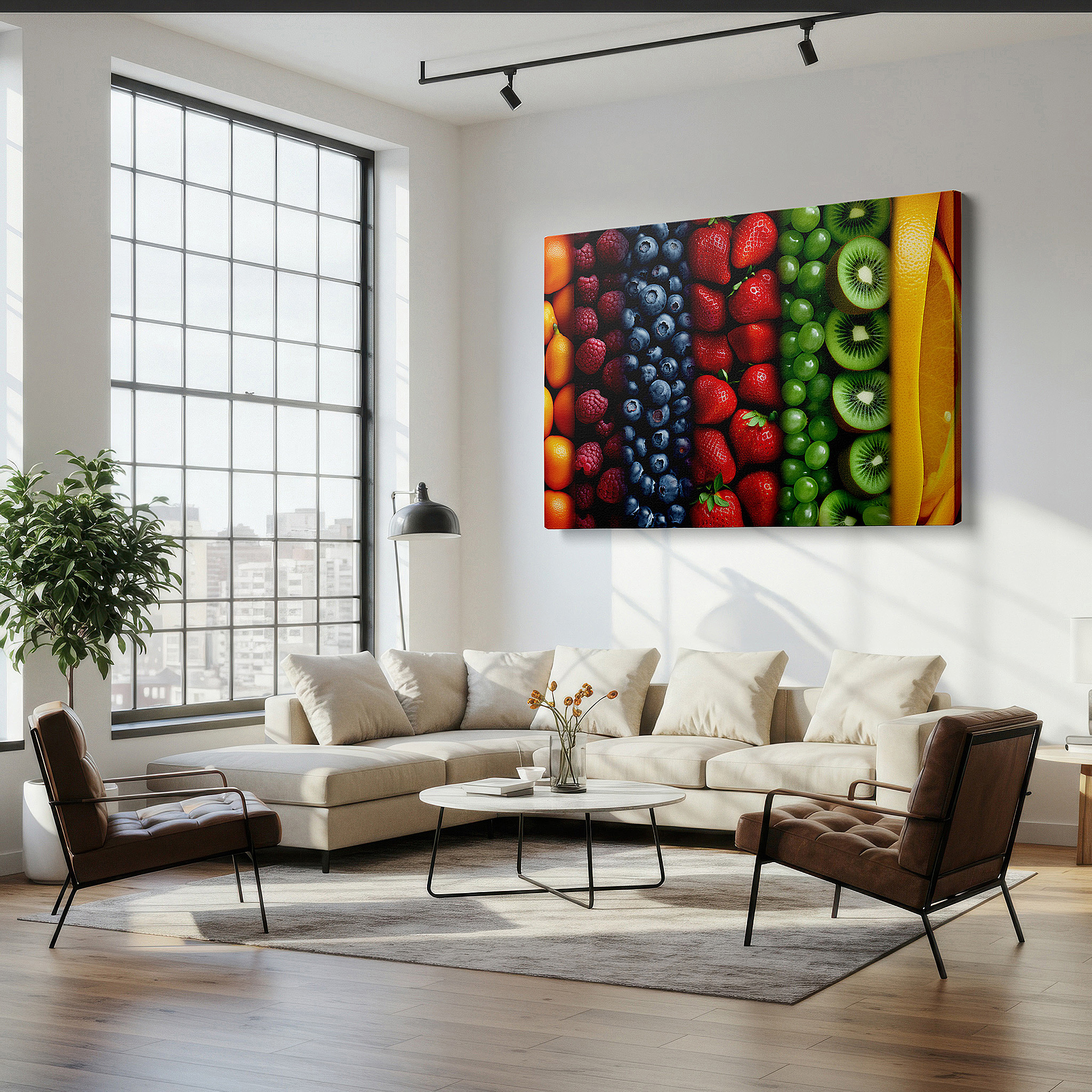 Gently illuminated by ambient lighting in an entryway — wall art: a lush display of nature's abundance in berries and fruits - large canvas wall art for office, bedroom, and living room decor