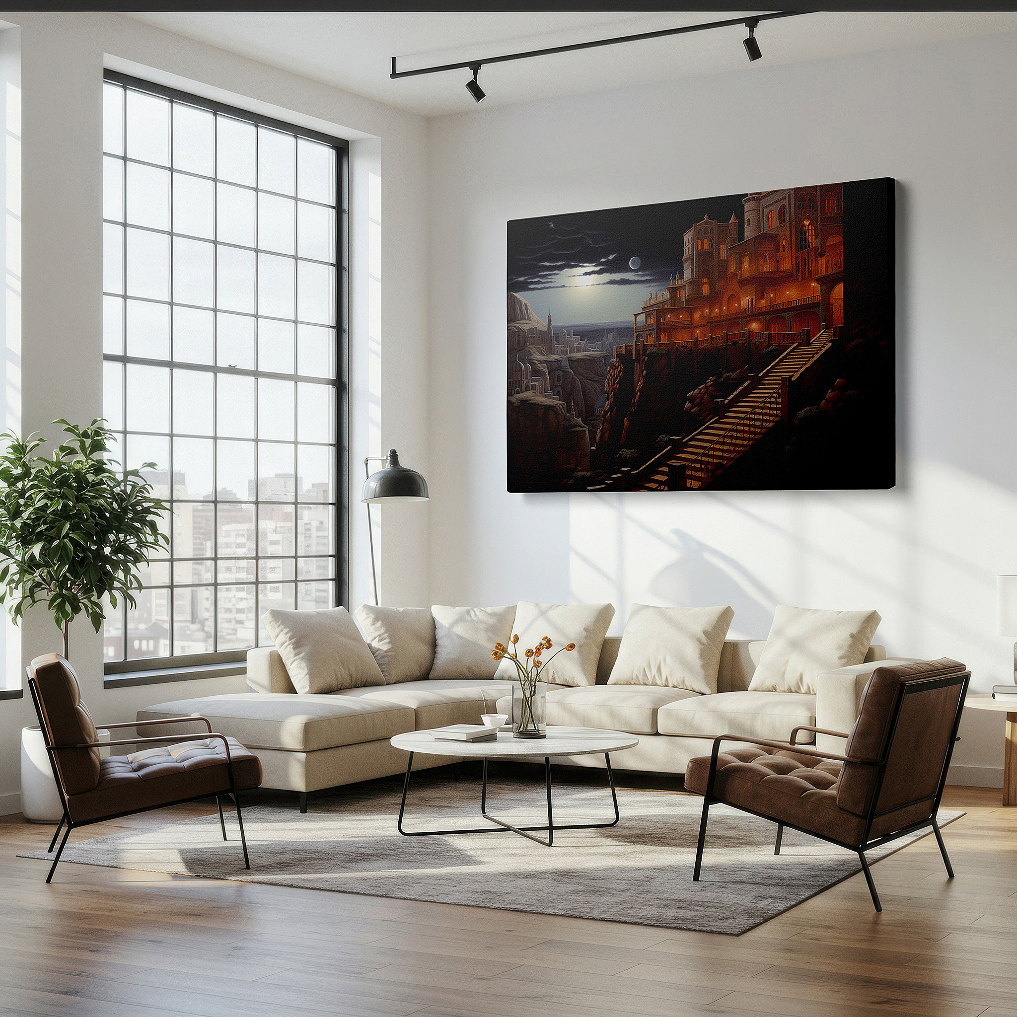 Gently illuminated by ambient lighting in an entryway — wall art: majestic mountain fortress under moonlit twilight - gateway to ancient realms, large canvas wall art decor for office