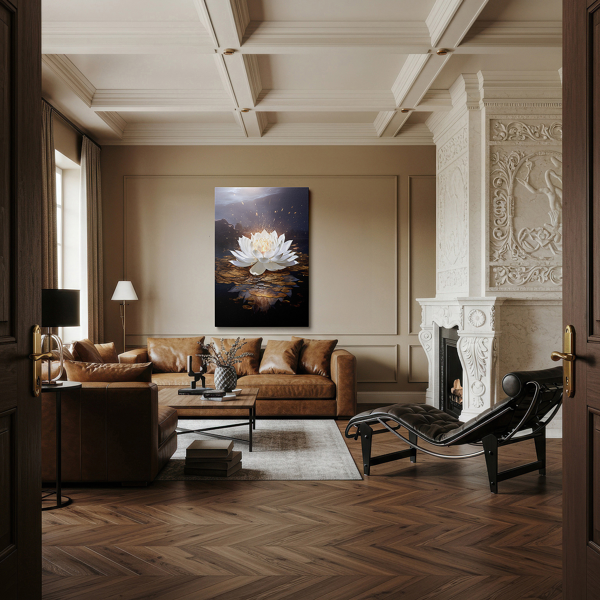 Gently illuminated by ambient lighting in an entryway — wall art: majestic white lotus symbolizing purity and enlightenment - large canvas wall art for office, bedroom, and living room decor