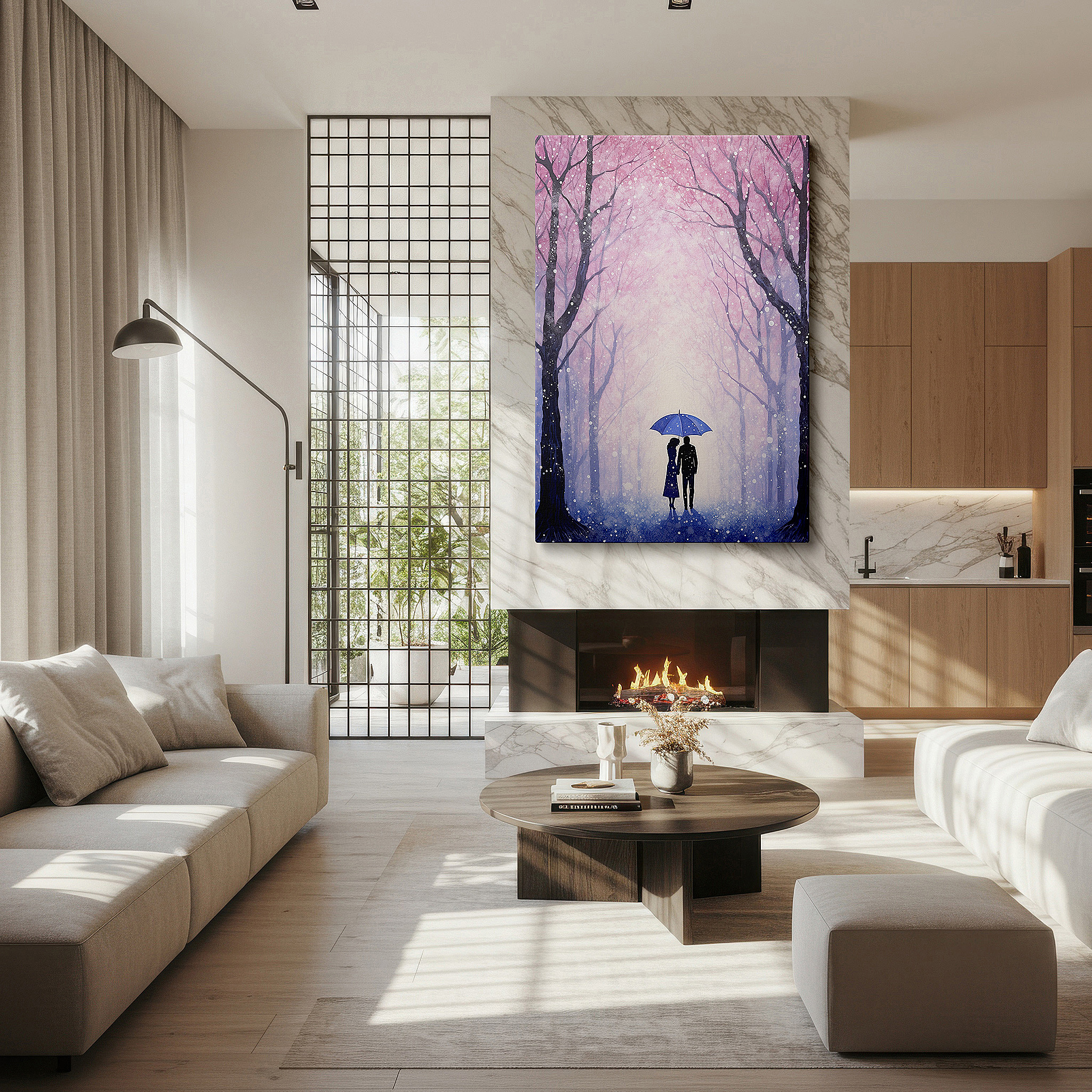 Gently illuminated by ambient lighting in an entryway — wall art: romantic walk under a blue umbrella among spring blossoms - large canvas wall art for office and bedroom decor