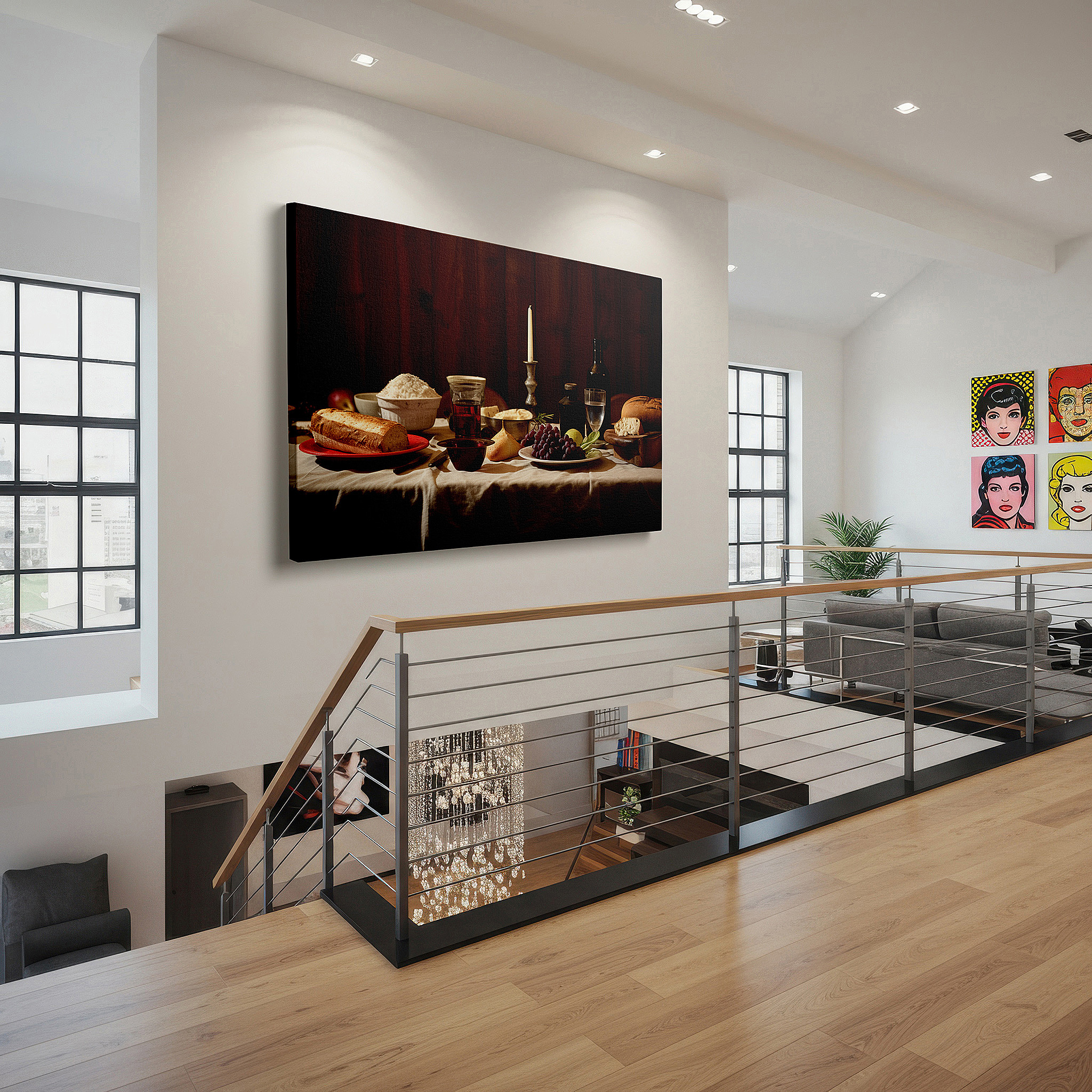 Gently illuminated by ambient lighting in an entryway — wall art: a sensory feast featuring golden bread and glowing wine - large canvas wall art for dining rooms, offices, and bedrooms