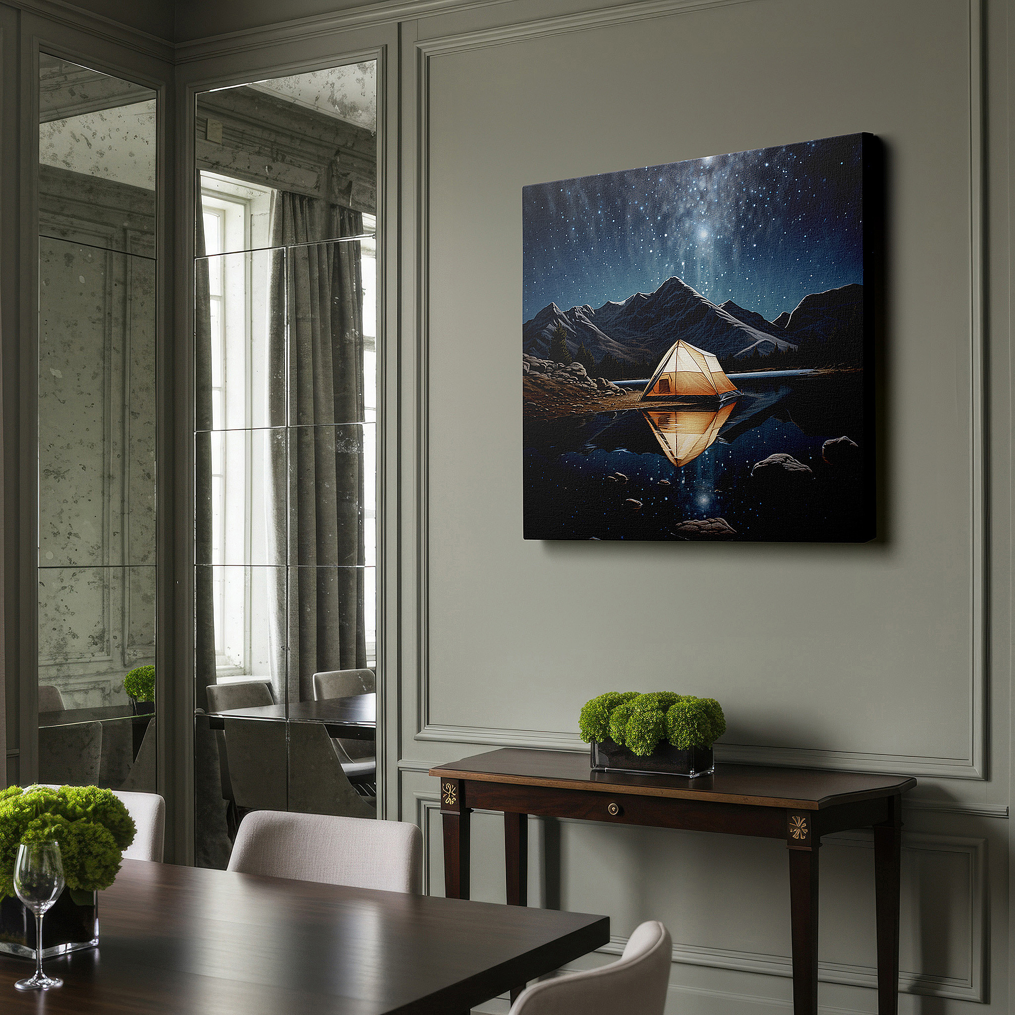 Gently illuminated by ambient lighting in an entryway — wall art: serene camping scene by a tranquil lake with a star-filled sky reflection and a solitary tent amid majestic mountains - large canvas wall art for home and office decor
