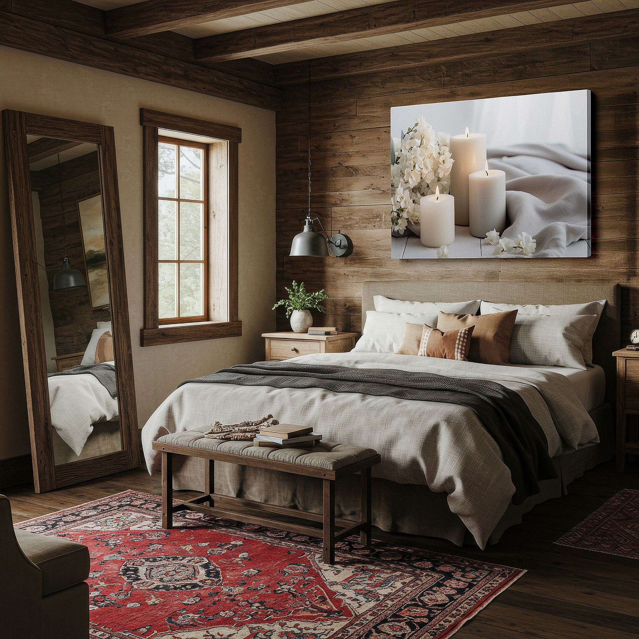 Gently illuminated by ambient lighting in an entryway — wall art: serene white flowers and gentle candlelight - create a peaceful haven in any space with large canvas art for offices and bedrooms