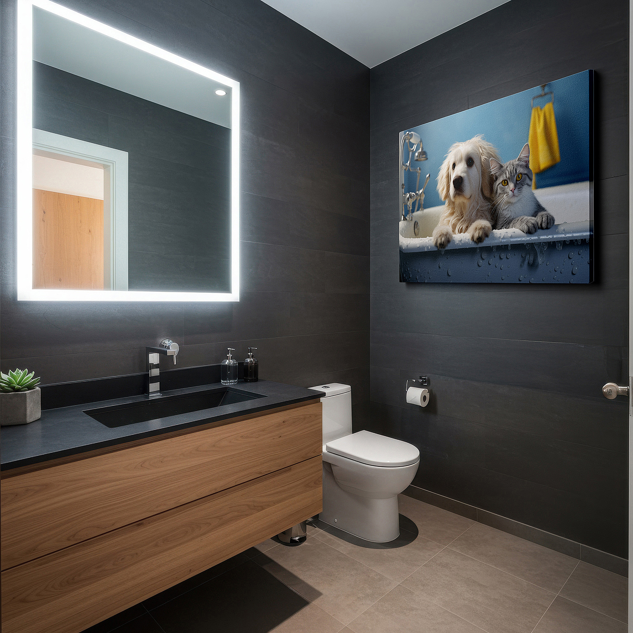 Gently illuminated by ambient lighting in an entryway — wall art: a whimsical scene of a golden dog and gray cat enjoying a peaceful bath together - large canvas wall art decor displaying interspecies friendship