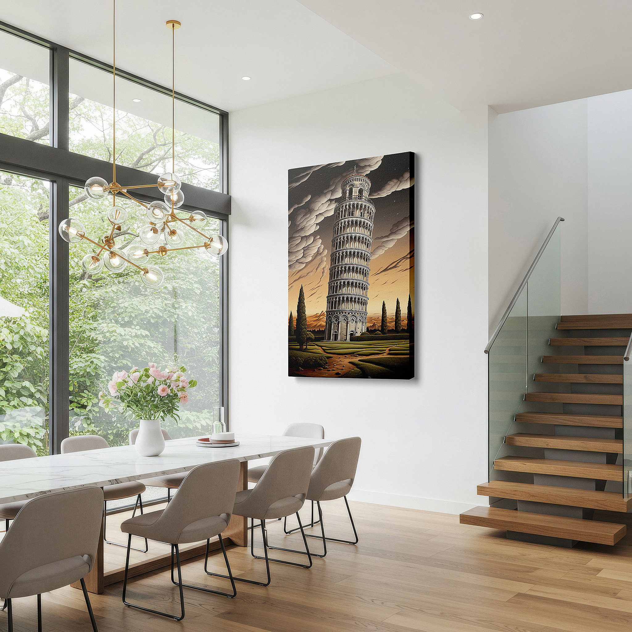 Gently illuminated by ambient lighting in an entryway — whimsical leaning tower of pisa canvas wall art with dynamic sky for office, bedroom, and living room decor