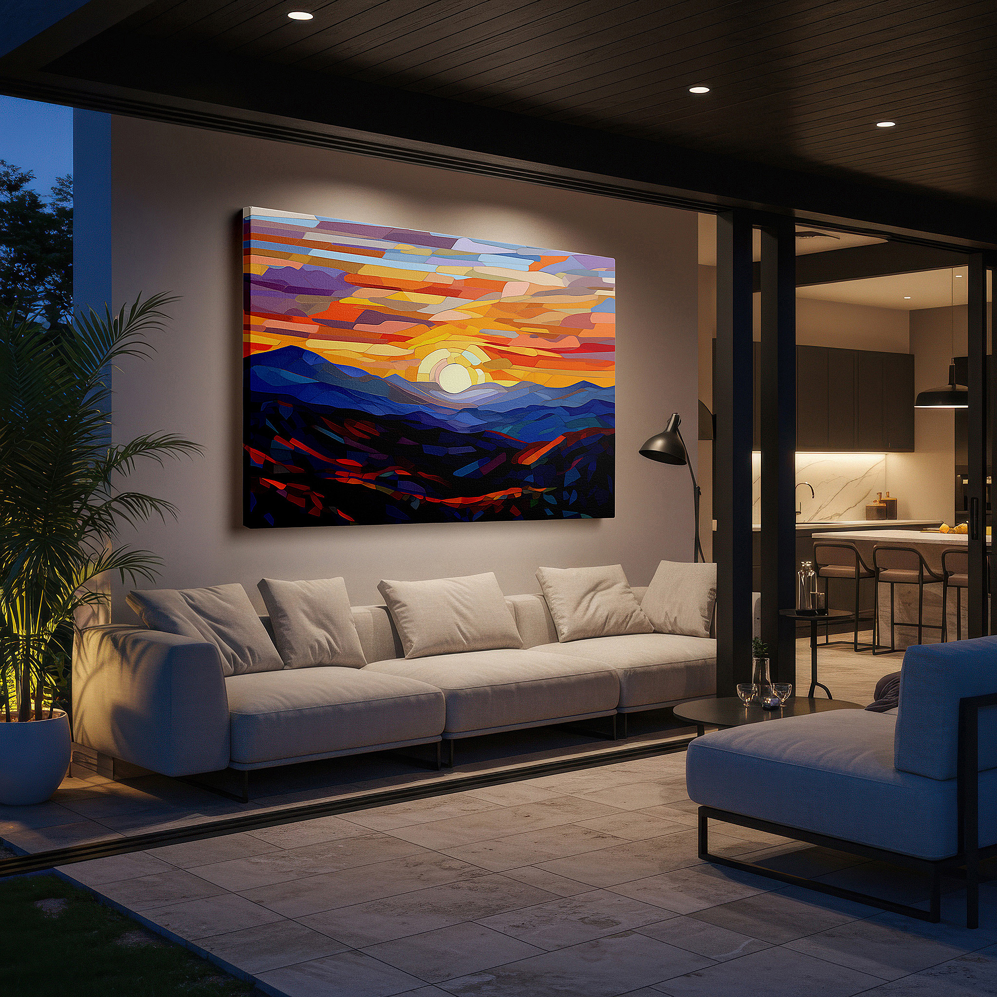 Hung in a cozy reading nook beside a floor lamp and bookshelf — abstract mountain sunset large canvas wall art, ideal for office, bedroom, and living room decor