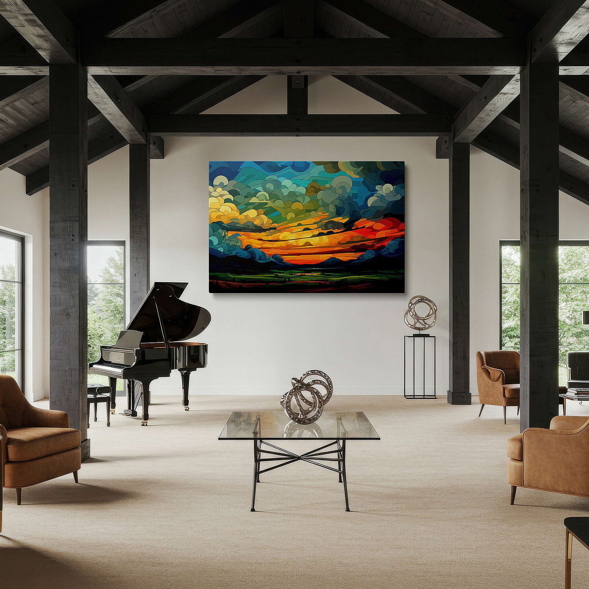 Hung in a cozy reading nook beside a floor lamp and bookshelf — abstract sunset over mountain silhouettes - a captivating mix of warm and cool tones, large wall art, canvas wall art, wall decor for office