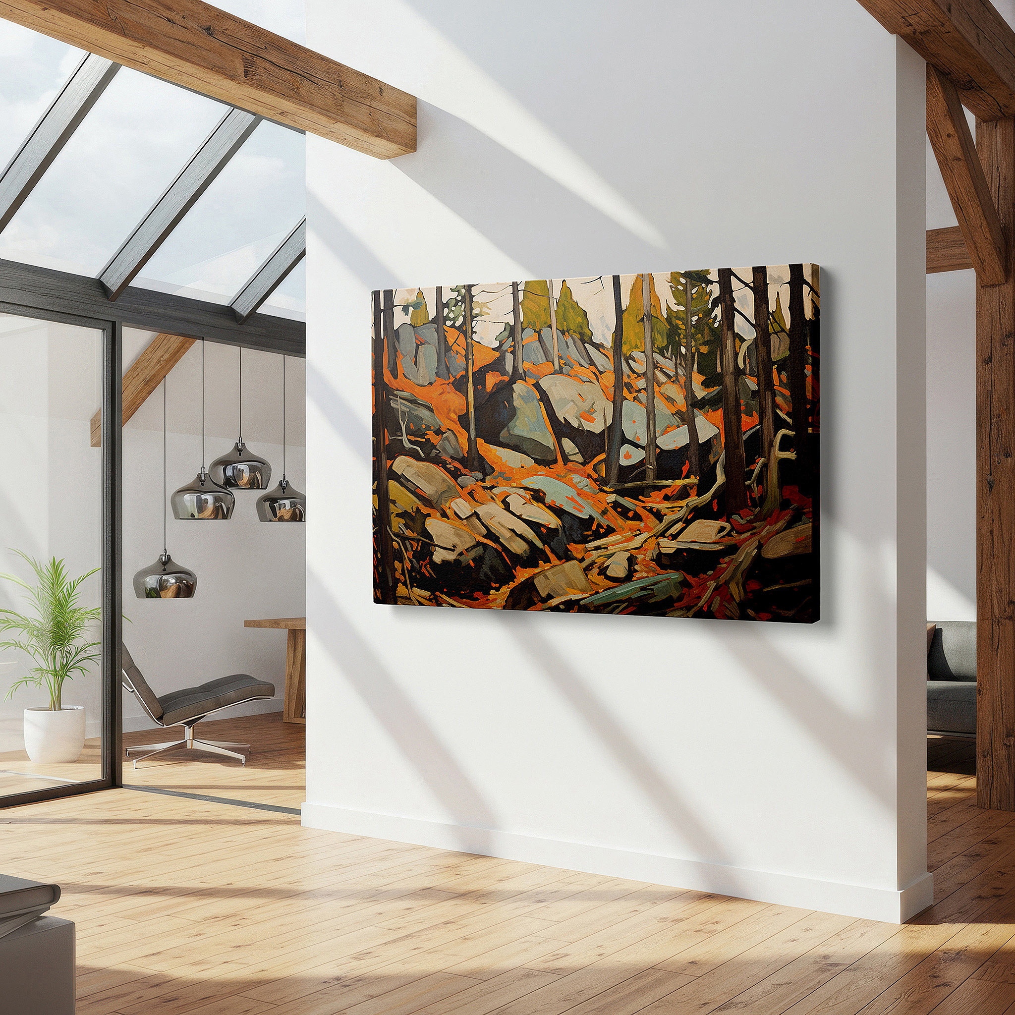 Hung in a cozy reading nook beside a floor lamp and bookshelf — autumn forest scene with vibrant leaves and sunlit treetops - large canvas wall art for office, bedroom, and living room decor