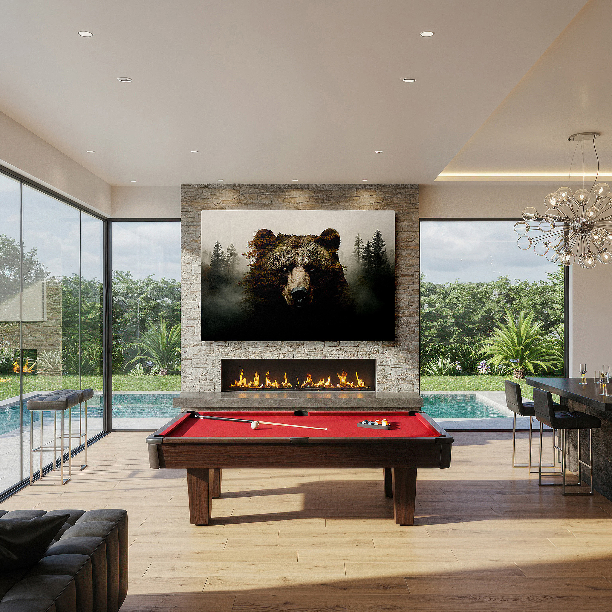 Hung in a cozy reading nook beside a floor lamp and bookshelf — bear emerging from a misty forest: a perfect fusion of wild spirit and peaceful woods - large canvas wall art for home and office decor