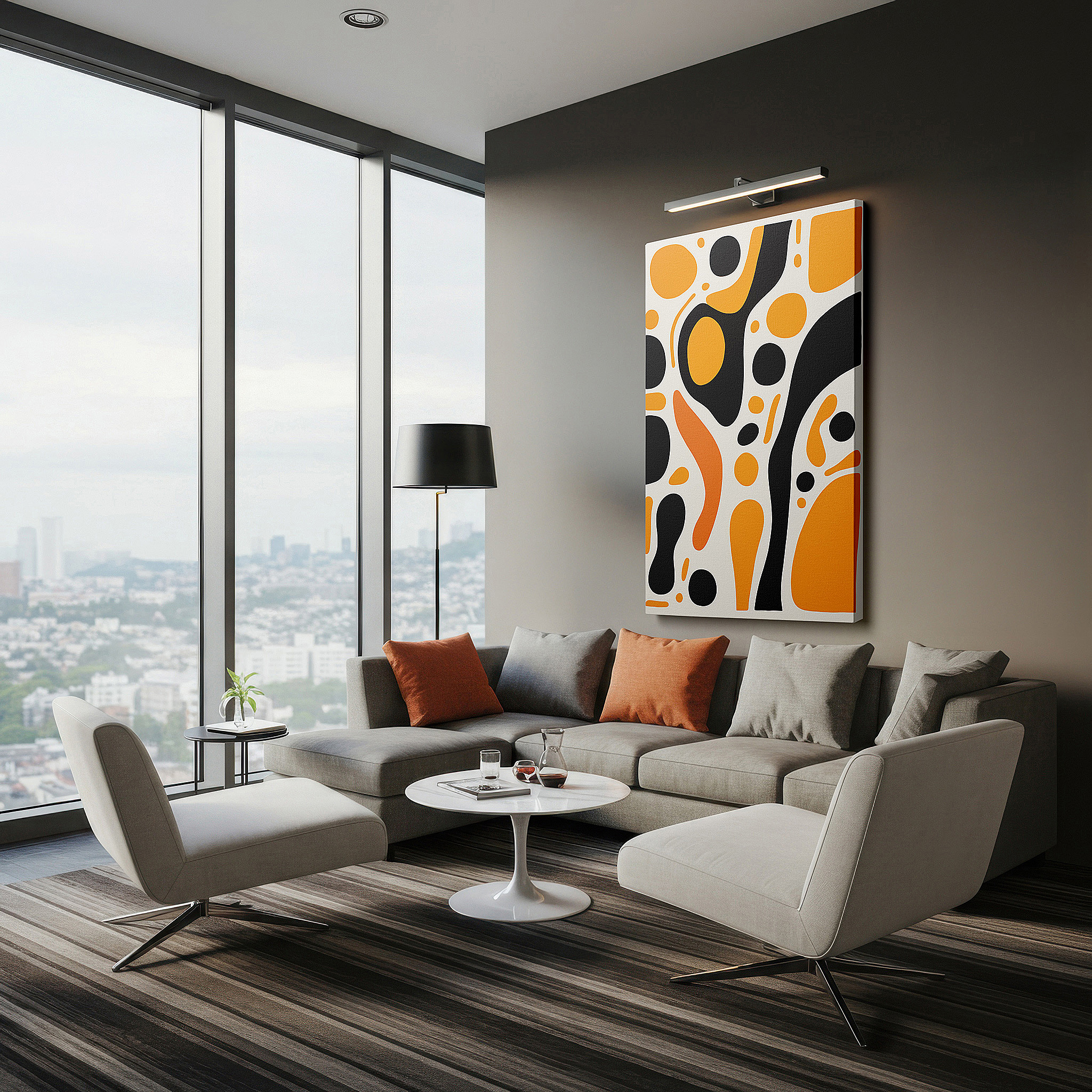 Hung in a cozy reading nook beside a floor lamp and bookshelf — black and orange vibrant dance, abstract expression large wall art, canvas wall art, wall decor for office and bedroom