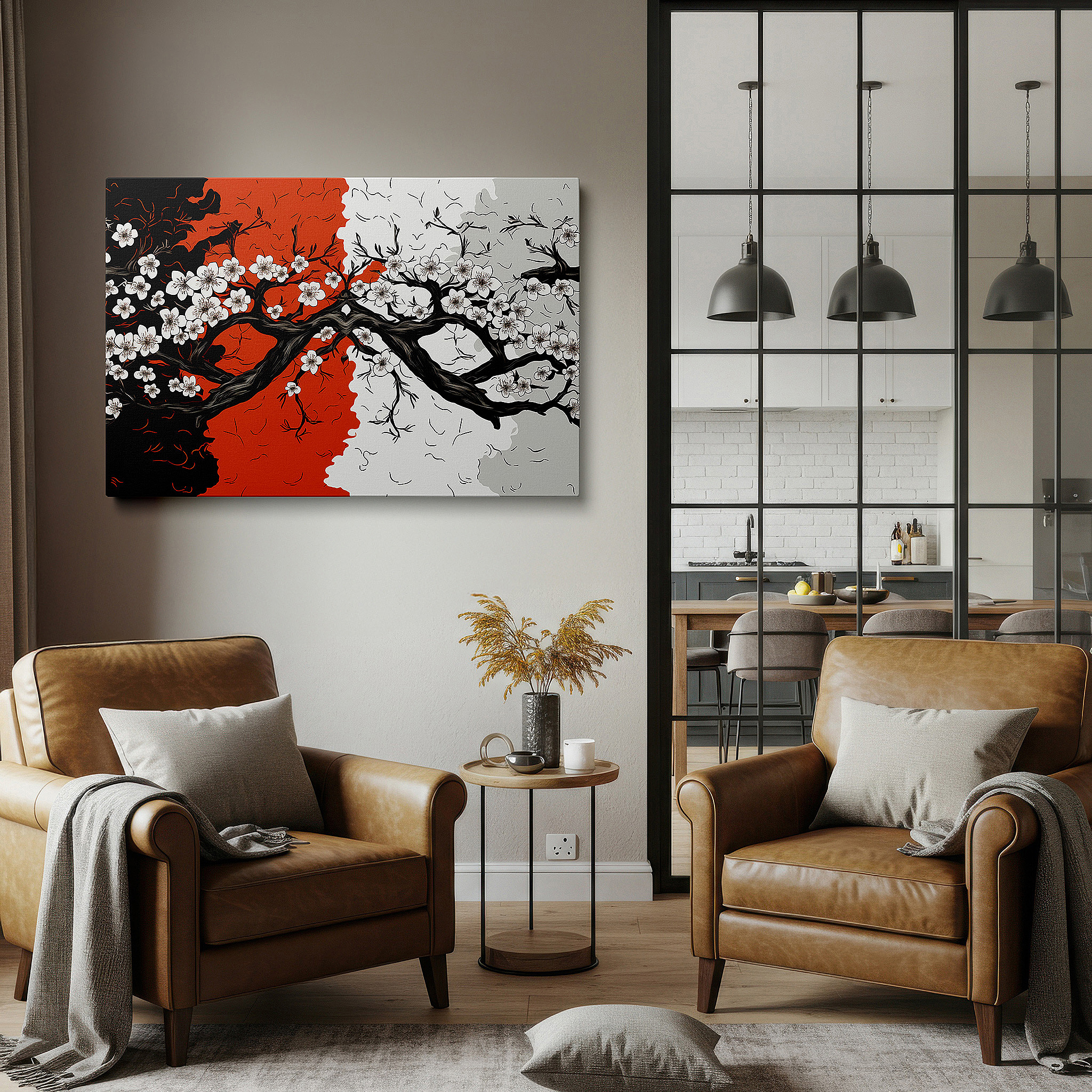 Hung in a cozy reading nook beside a floor lamp and bookshelf — black, red, and white symphony: large wall art canvas featuring floral designs that evoke strength, serenity, and harmonious duality