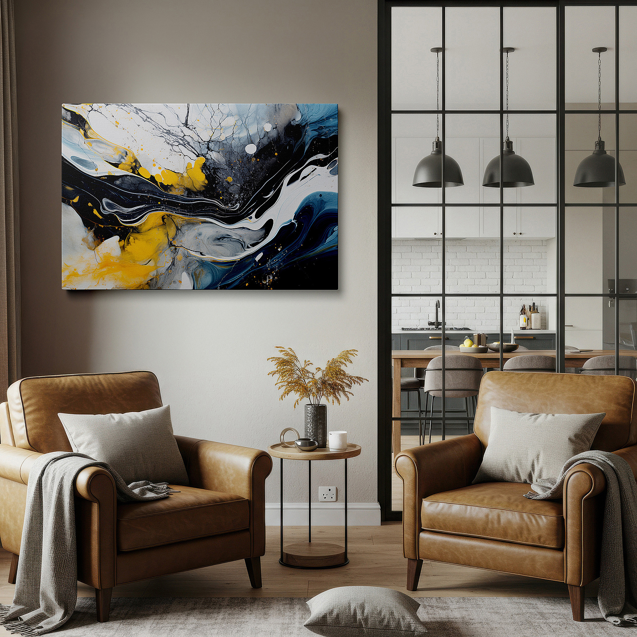Hung in a cozy reading nook beside a floor lamp and bookshelf — black and yellow swirls on a serene blue and white background large canvas wall art, wall decor for office and bedroom