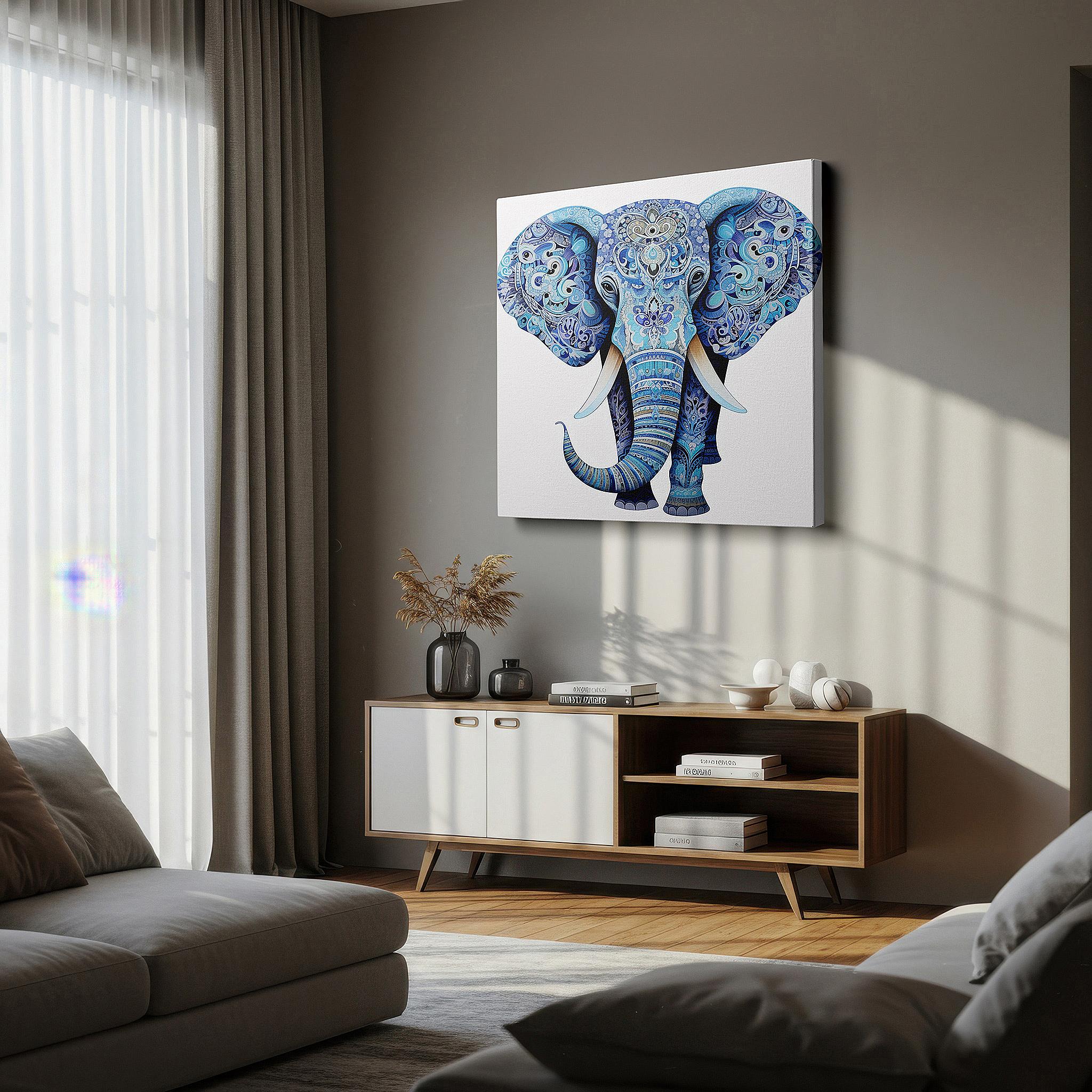 Hung in a cozy reading nook beside a floor lamp and bookshelf — blue elephant wall art featuring geometric patterns: a symbol of peace and cultural richness - large canvas art for office and home decor