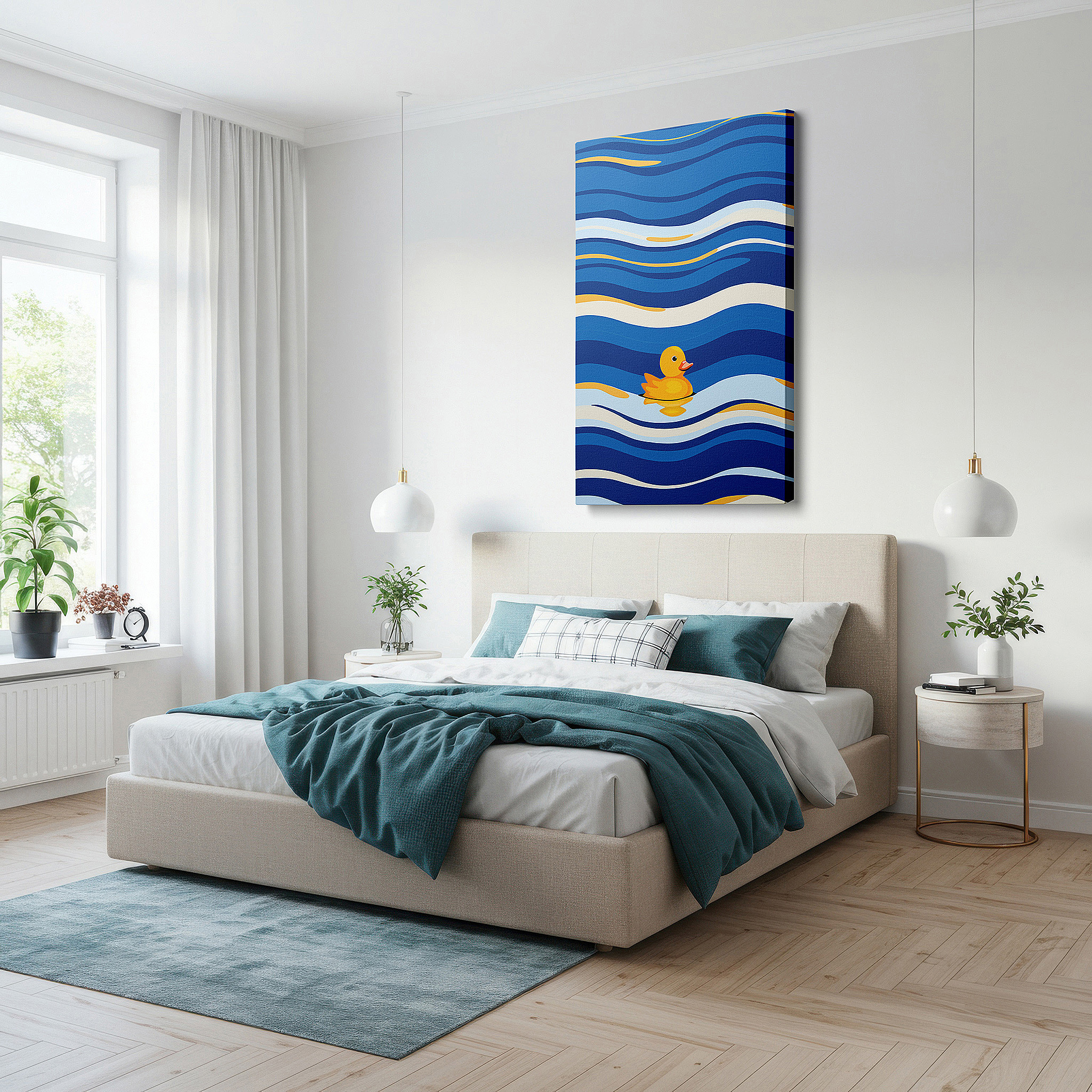 Hung in a cozy reading nook beside a floor lamp and bookshelf — cheerful yellow duck on bright blue waves, a playful addition to any room large wall art, canvas wall art, wall decor, office wall art, bedroom wall art