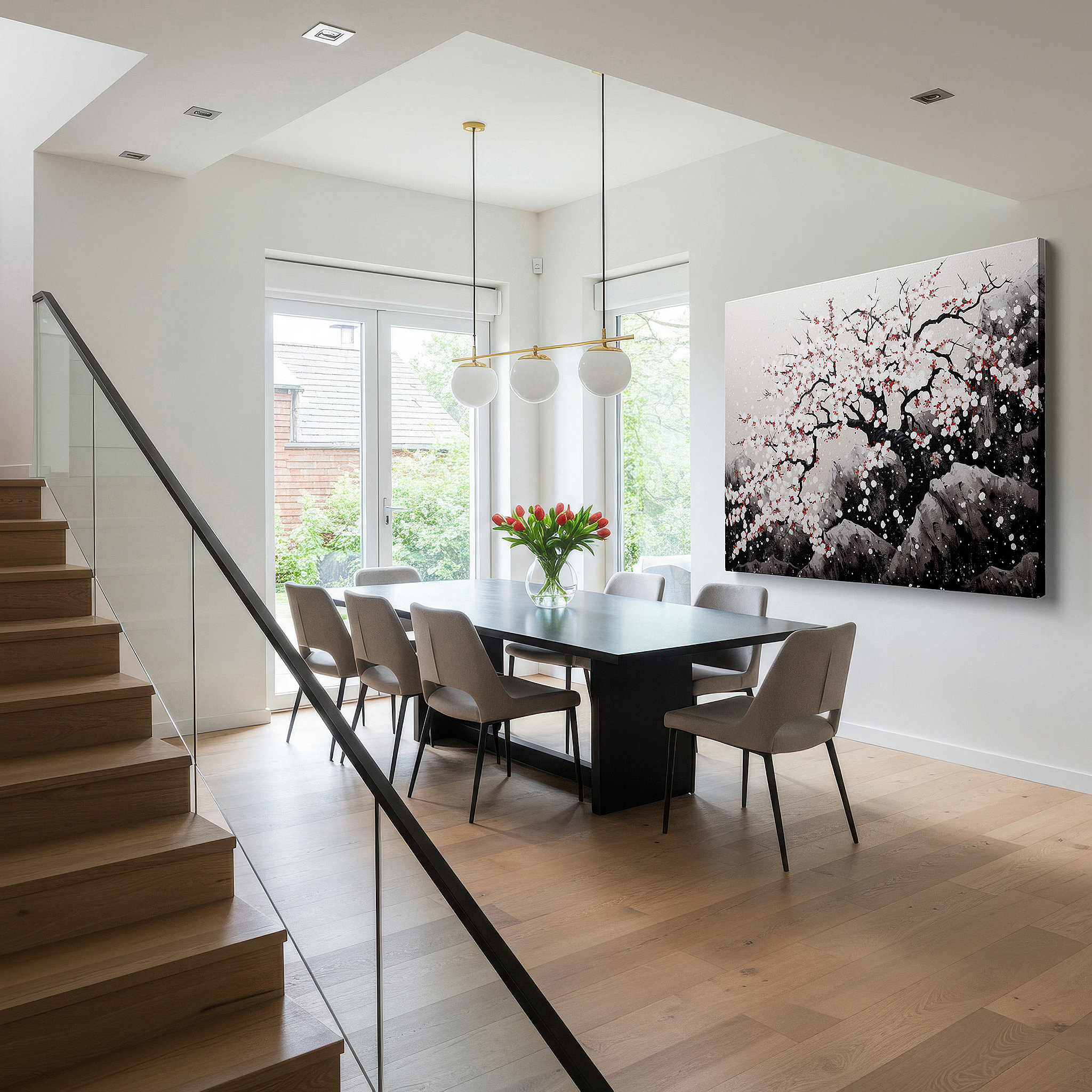 Hung in a cozy reading nook beside a floor lamp and bookshelf — cherry blossoms and snow-capped mountains large canvas wall art for office and bedroom decor