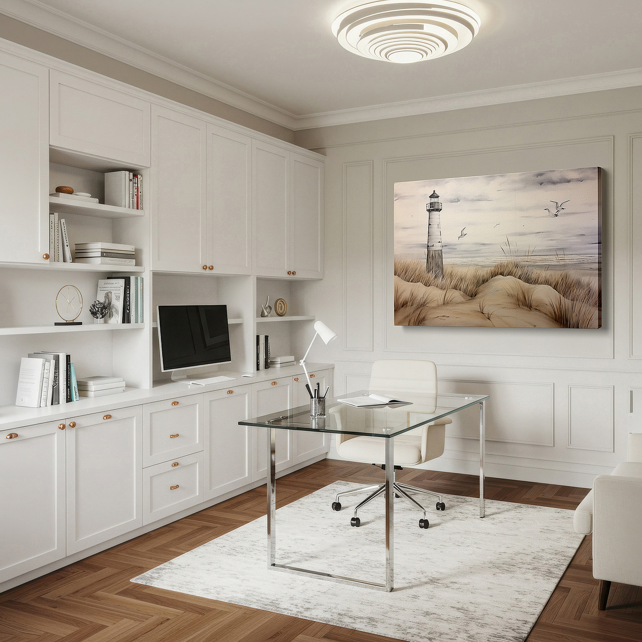 Hung in a cozy reading nook beside a floor lamp and bookshelf — coastal serenity: lighthouse, sandy dunes, and soft waves - large canvas wall art for home and office decor