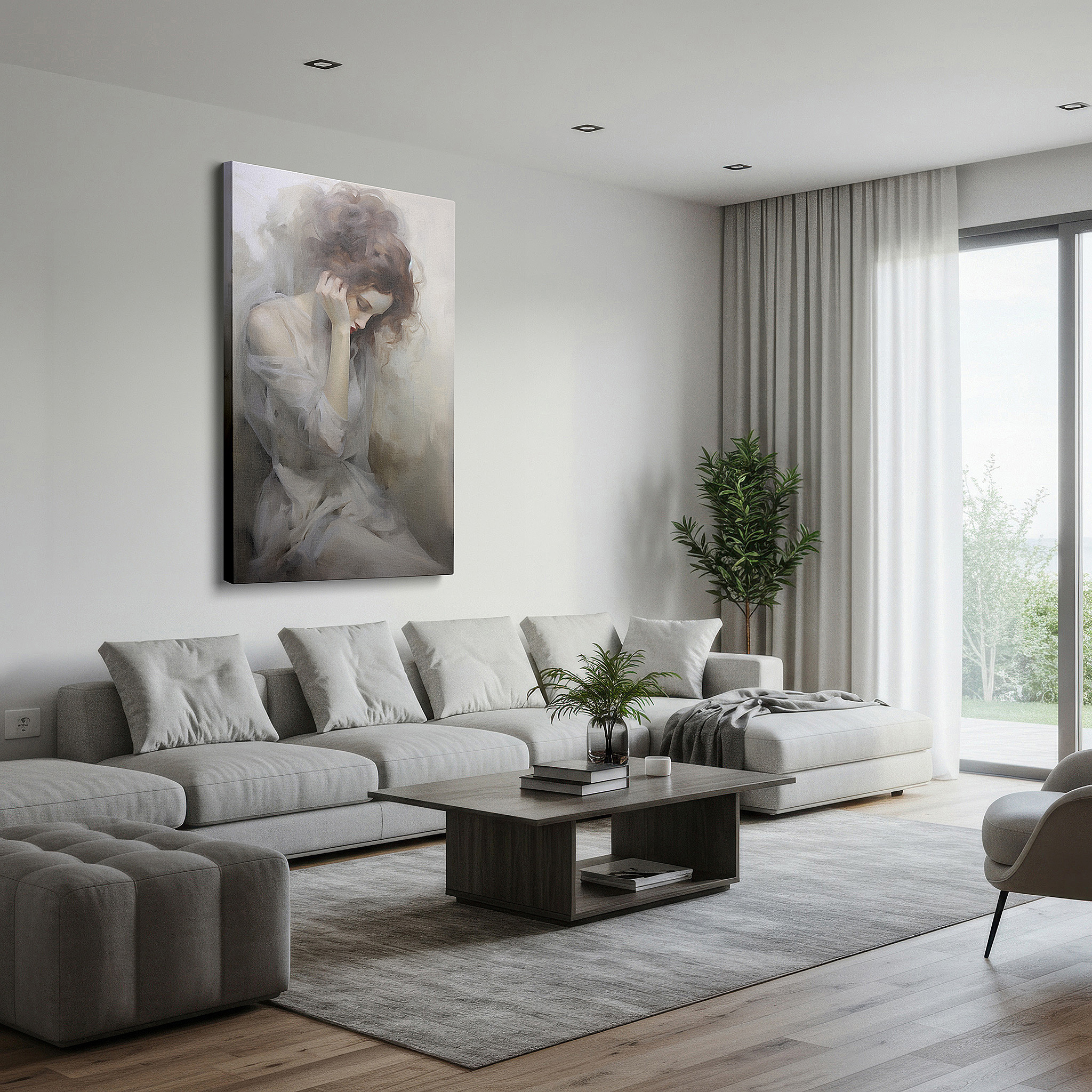 Hung in a cozy reading nook beside a floor lamp and bookshelf — contemplative woman in solitude large canvas wall art for office, bedroom, and living room decor