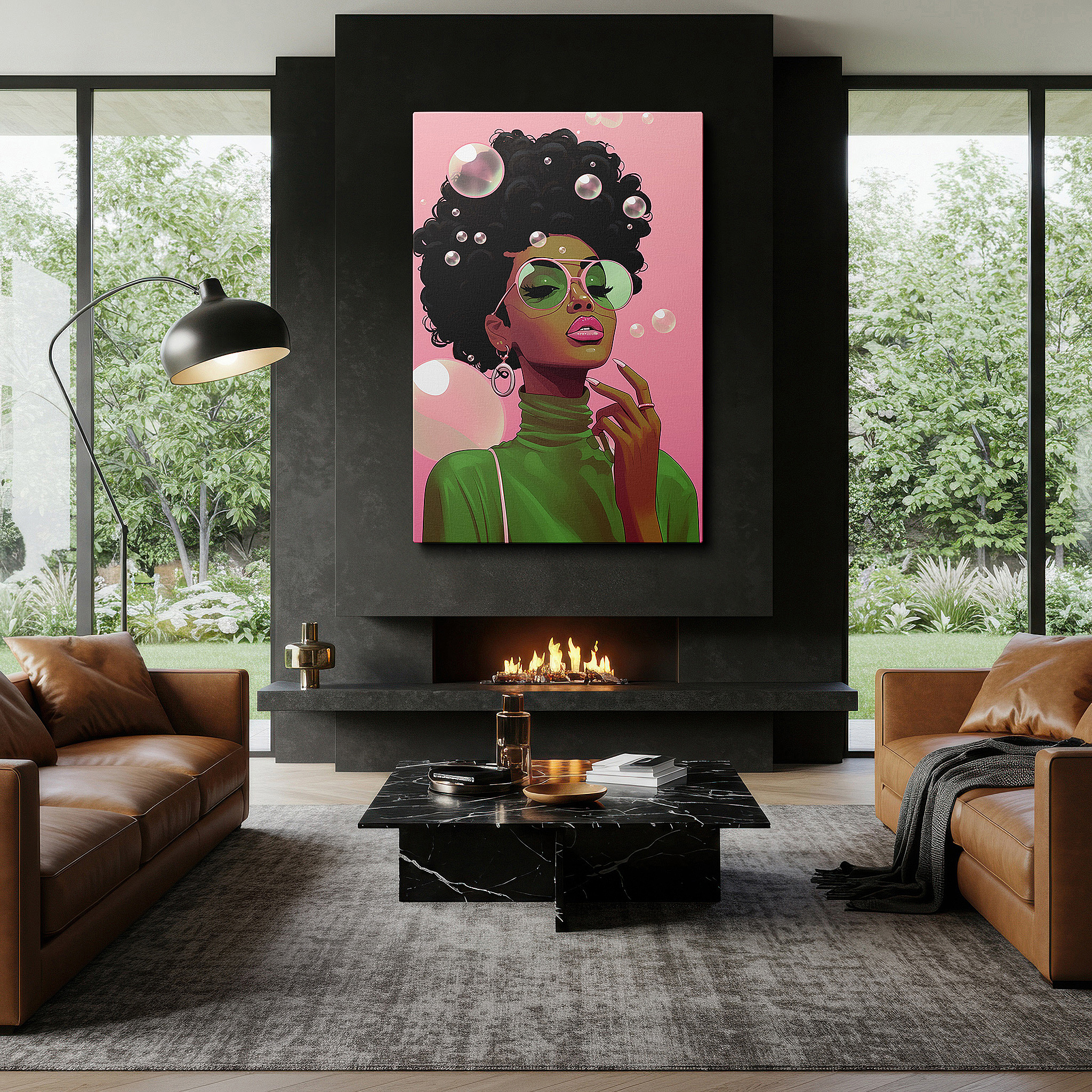 Hung in a cozy reading nook beside a floor lamp and bookshelf — contemporary women's confidence and style featuring bold bubbles: large canvas wall art for office, bedroom, and living room decor