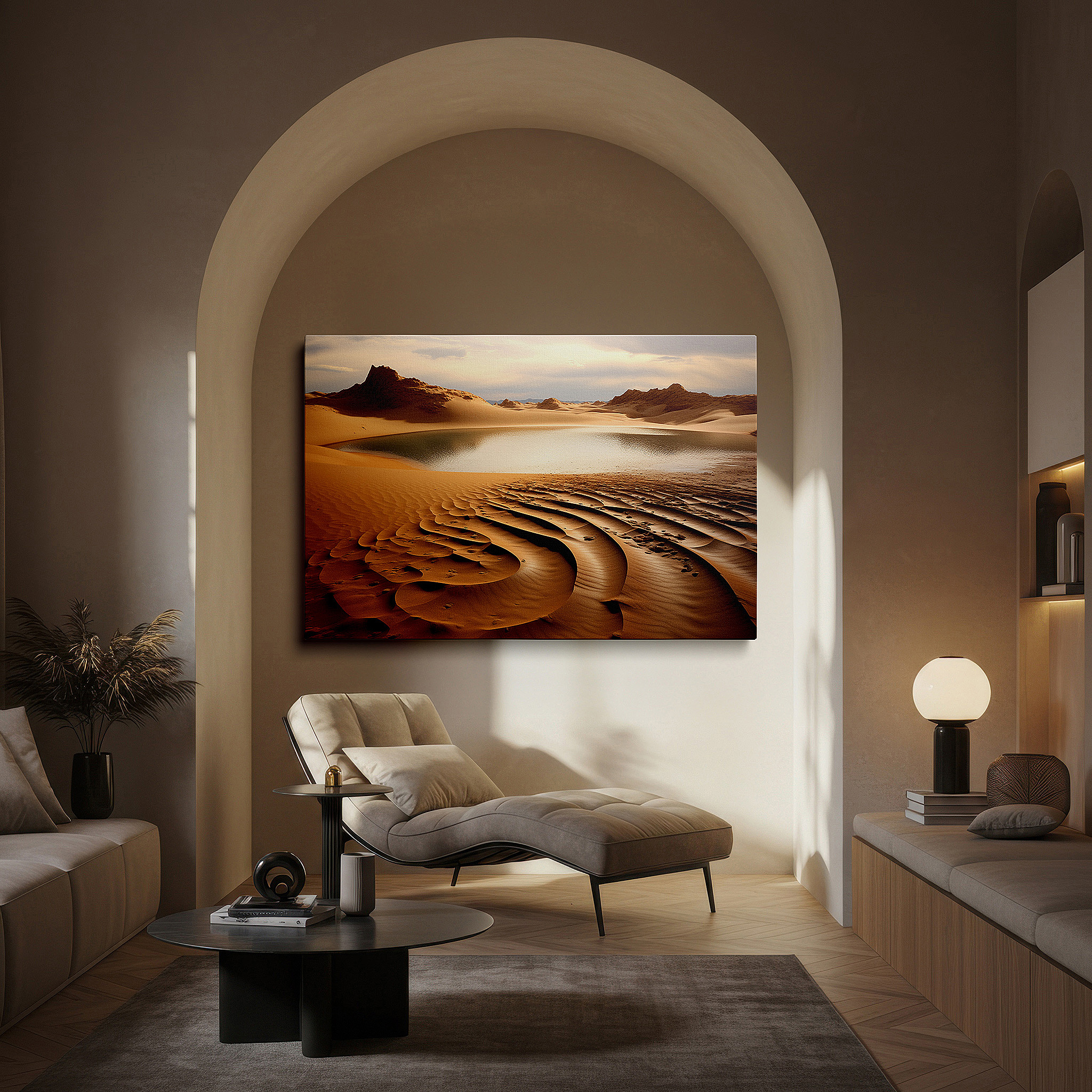 Hung in a cozy reading nook beside a floor lamp and bookshelf — desert oasis wall art: tranquil and vast serene landscape with sweeping sand dunes - large canvas for home or office decor