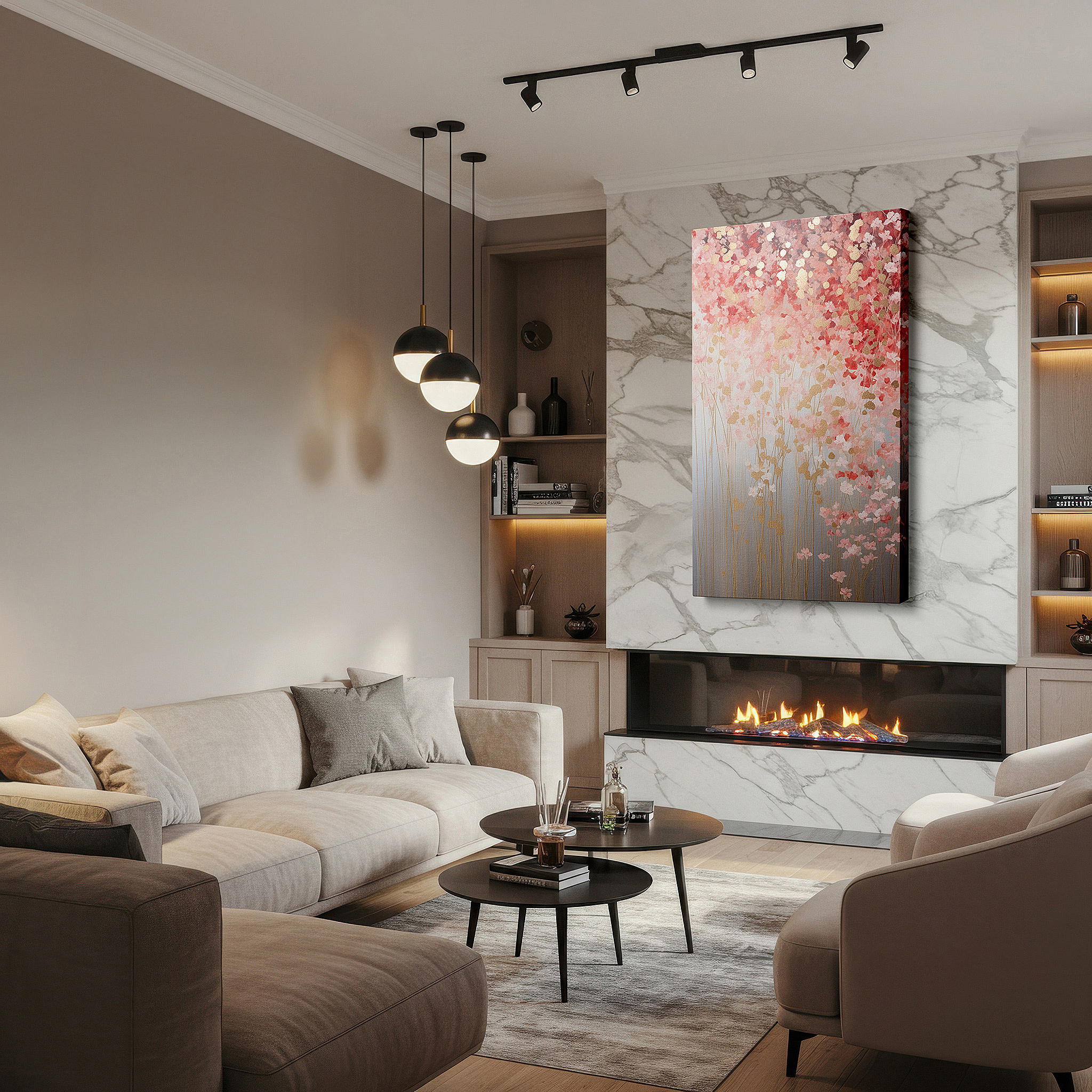 Hung in a cozy reading nook beside a floor lamp and bookshelf — dreamy floral composition with ethereal beauty and tranquility, featuring golden accents - large canvas wall art for office decor