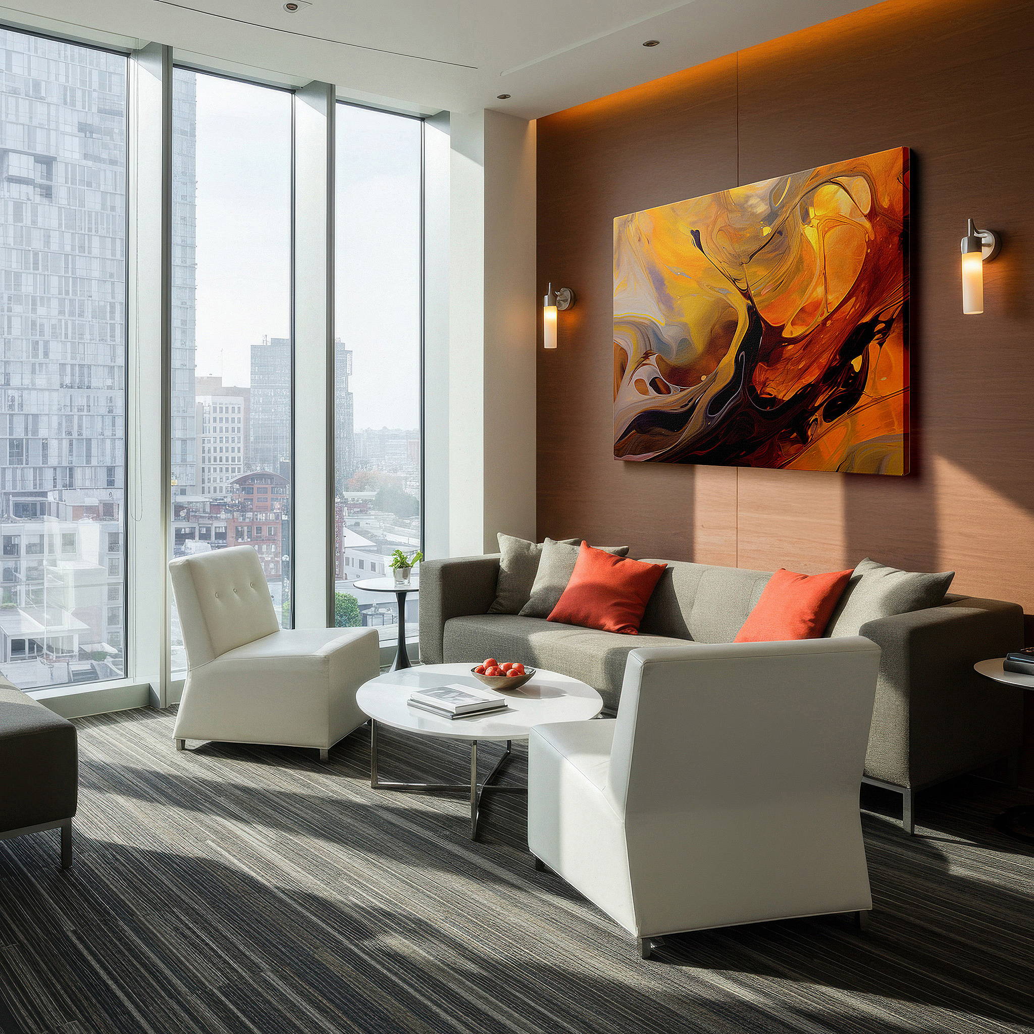 Hung in a cozy reading nook beside a floor lamp and bookshelf — elegant gold and brown swirls create a cozy, textured visual experience large wall art, canvas wall art, wall decor, office wall art, bedroom wall art