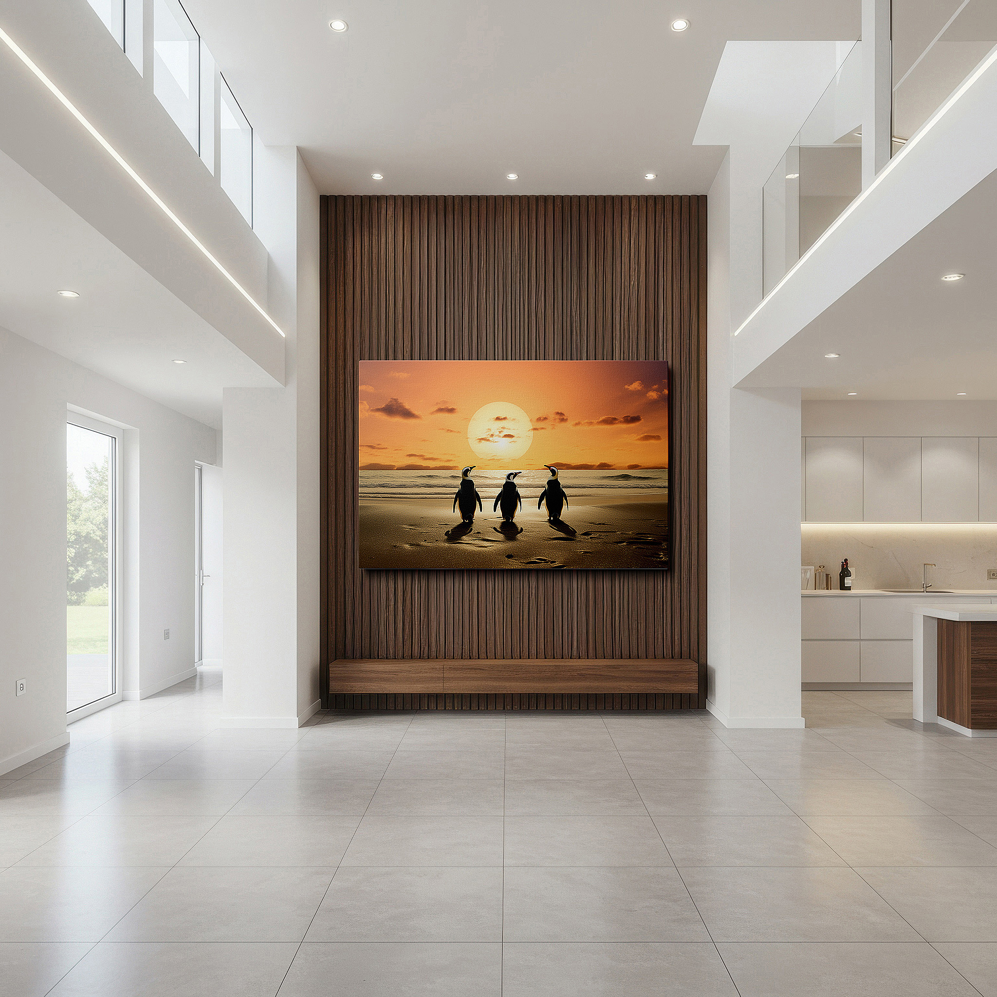 Hung in a cozy reading nook beside a floor lamp and bookshelf — emperor penguins on a sandy beach at sunset: serene nature encounter - large canvas wall art for office decor