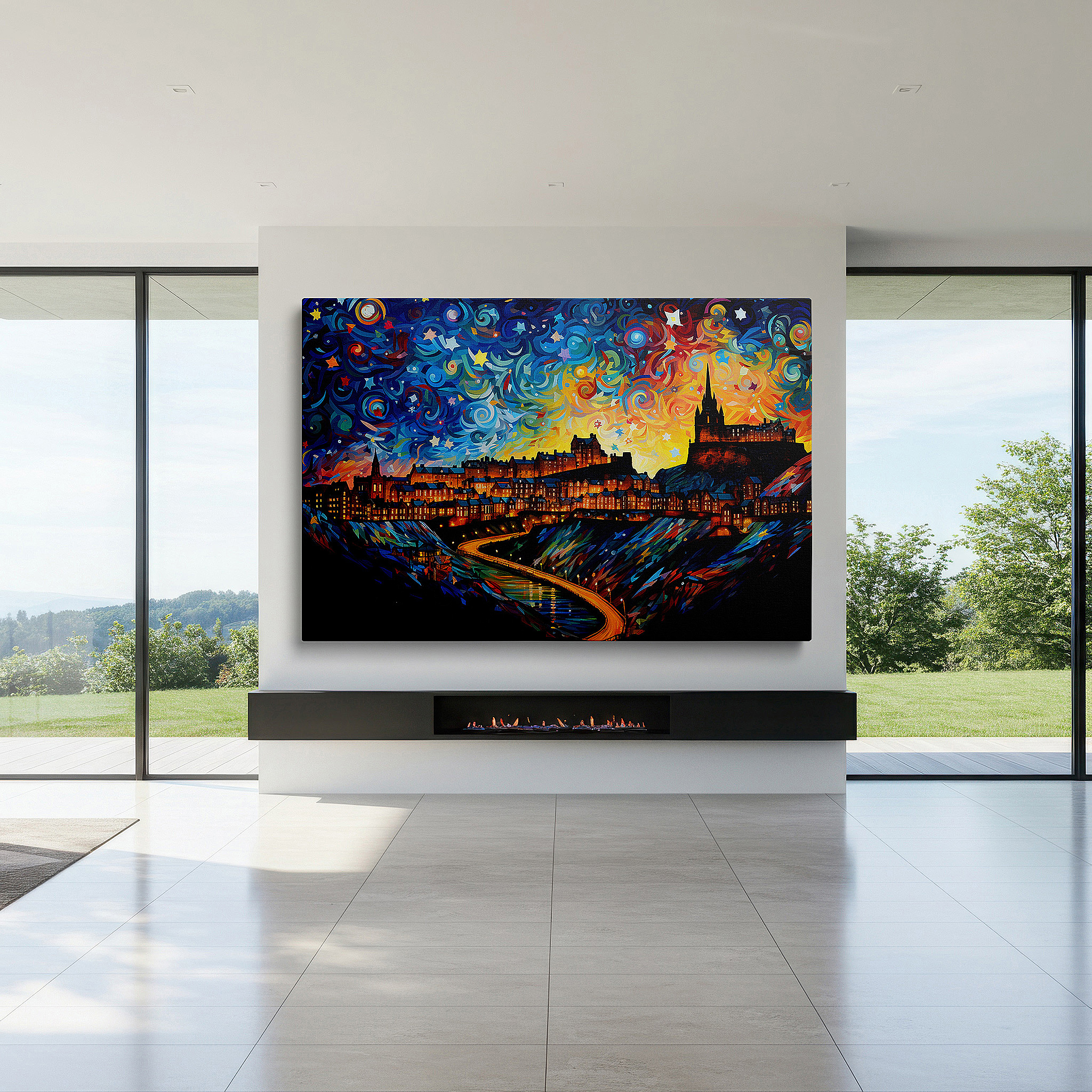 Hung in a cozy reading nook beside a floor lamp and bookshelf — enchanted edinburgh beneath starlit skies - vibrant and magical cityscape large wall art, canvas wall art, wall decor for office and bedroom