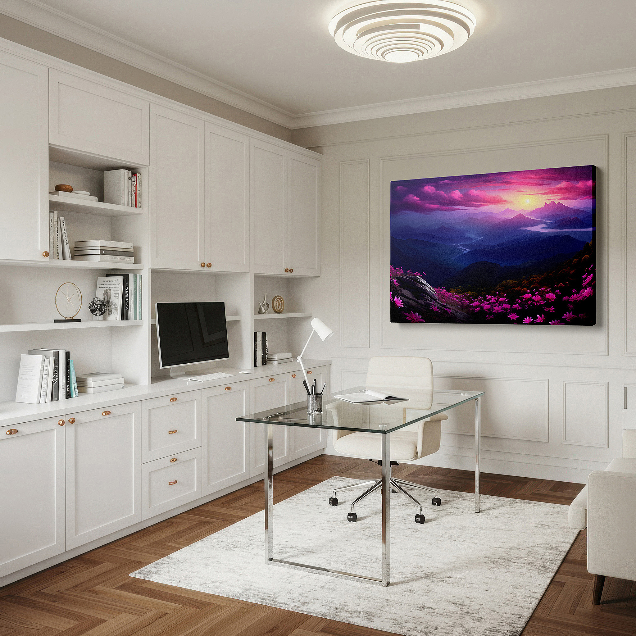 Hung in a cozy reading nook beside a floor lamp and bookshelf — enchanting floral landscape with stunning sunset - large canvas wall art for home and office decor