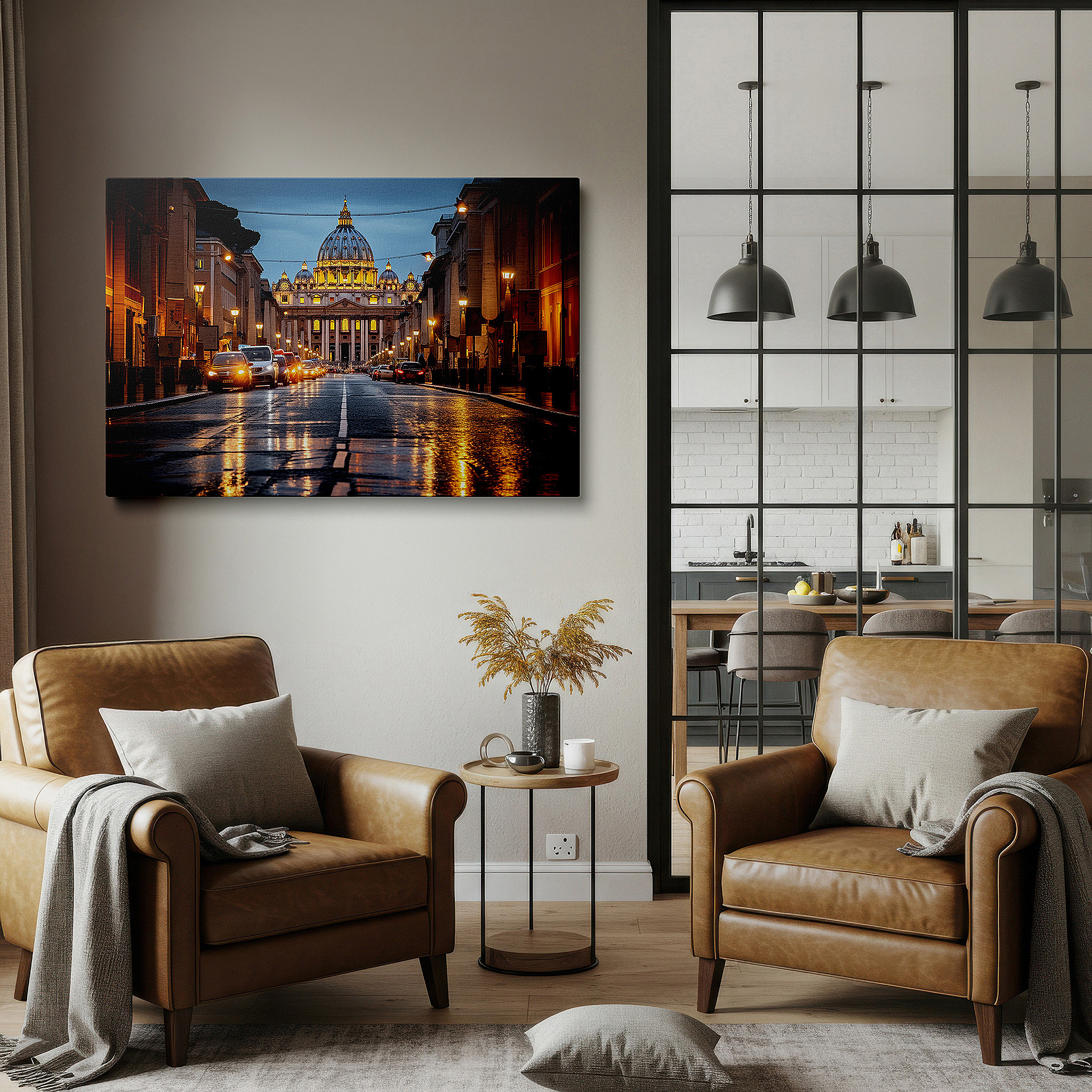 Hung in a cozy reading nook beside a floor lamp and bookshelf — ethereal sunset at st. peter's basilica: a renaissance masterpiece as night falls - large canvas wall art decor