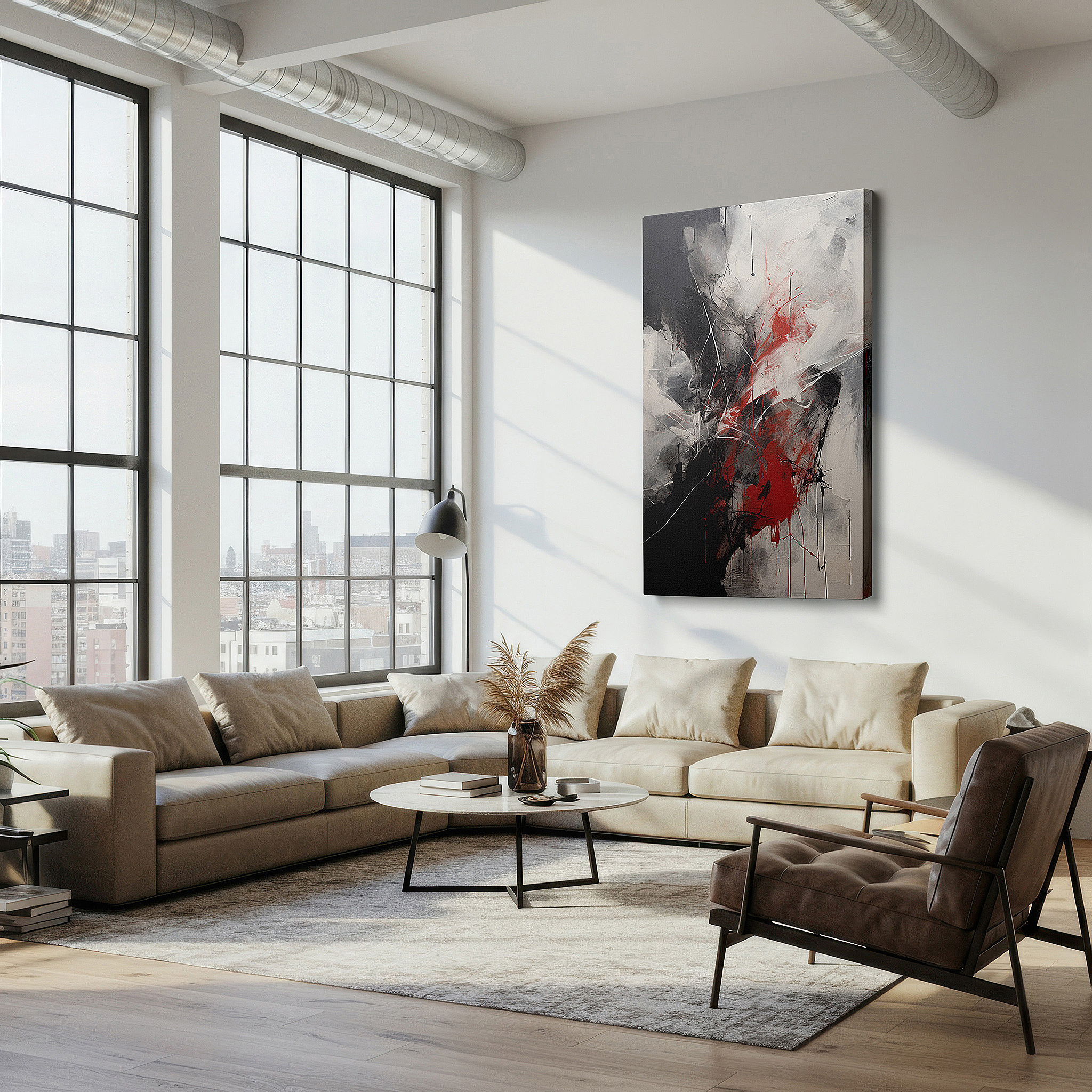 Hung in a cozy reading nook beside a floor lamp and bookshelf — fiery red and deep black dynamic interplay evokes passion and turmoil - large canvas wall art for office and bedroom decor