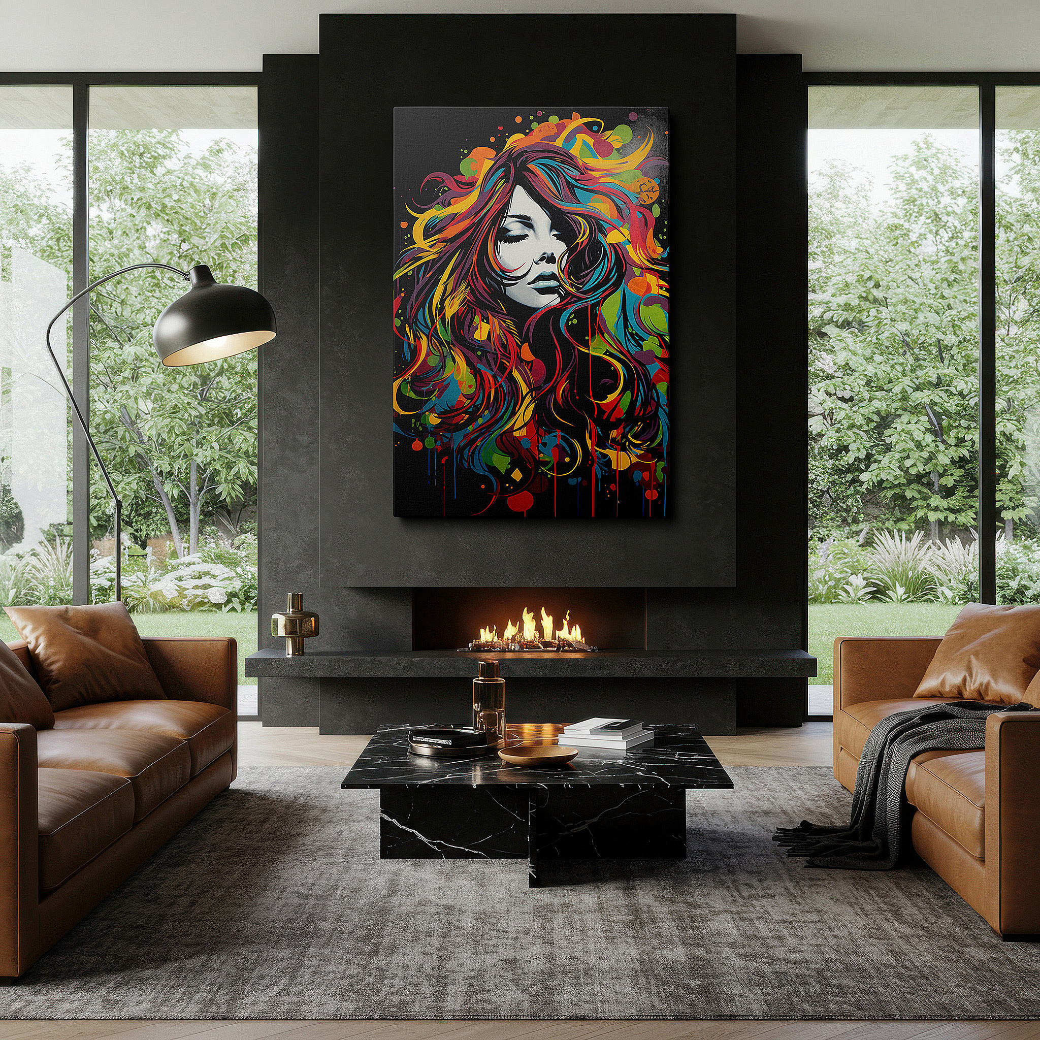 Hung in a cozy reading nook beside a floor lamp and bookshelf — fiery thoughts and vivid reflections in a woman's serene gaze: large wall art for office, bedroom, and living spaces