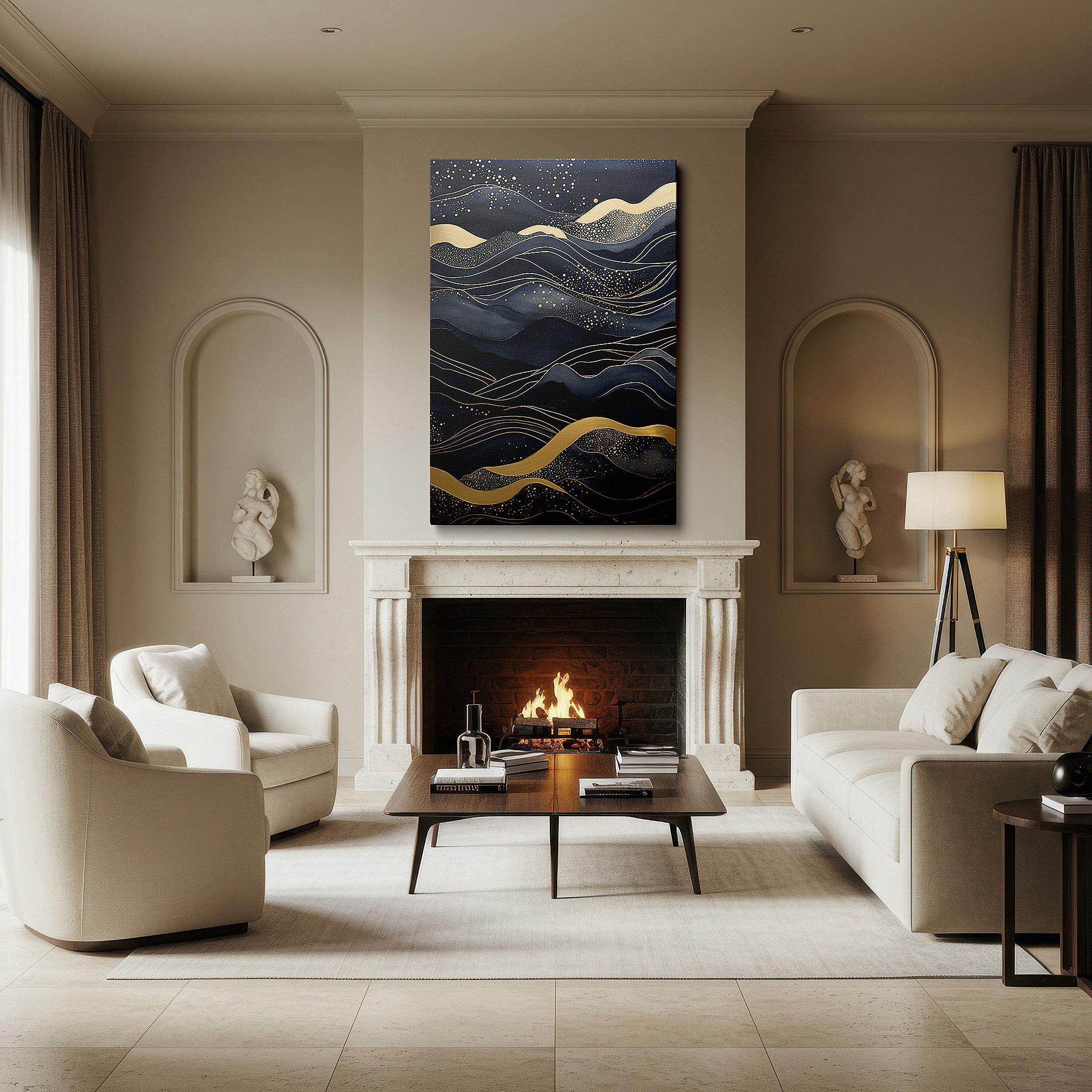 Hung in a cozy reading nook beside a floor lamp and bookshelf — gold and blue dynamic waves: a mesmerizing dance of light and shadow - large canvas wall art for office decor