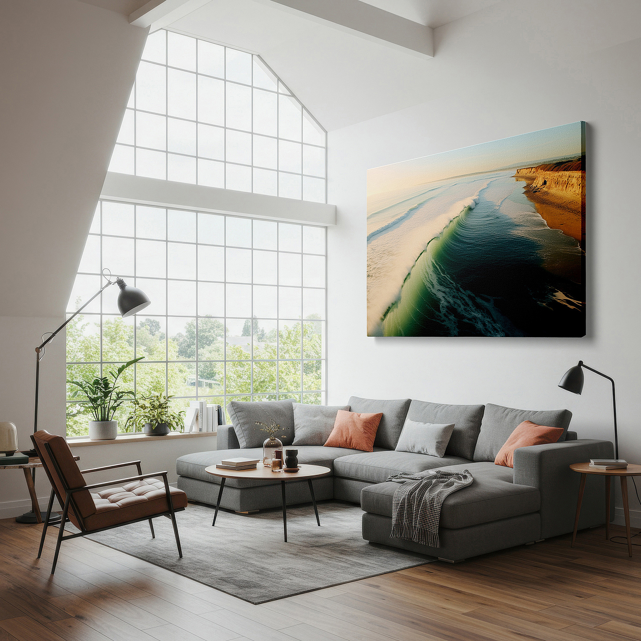 Hung in a cozy reading nook beside a floor lamp and bookshelf — golden hour serenity: tranquil aerial coastal landscape - large canvas wall art for office and bedroom decor