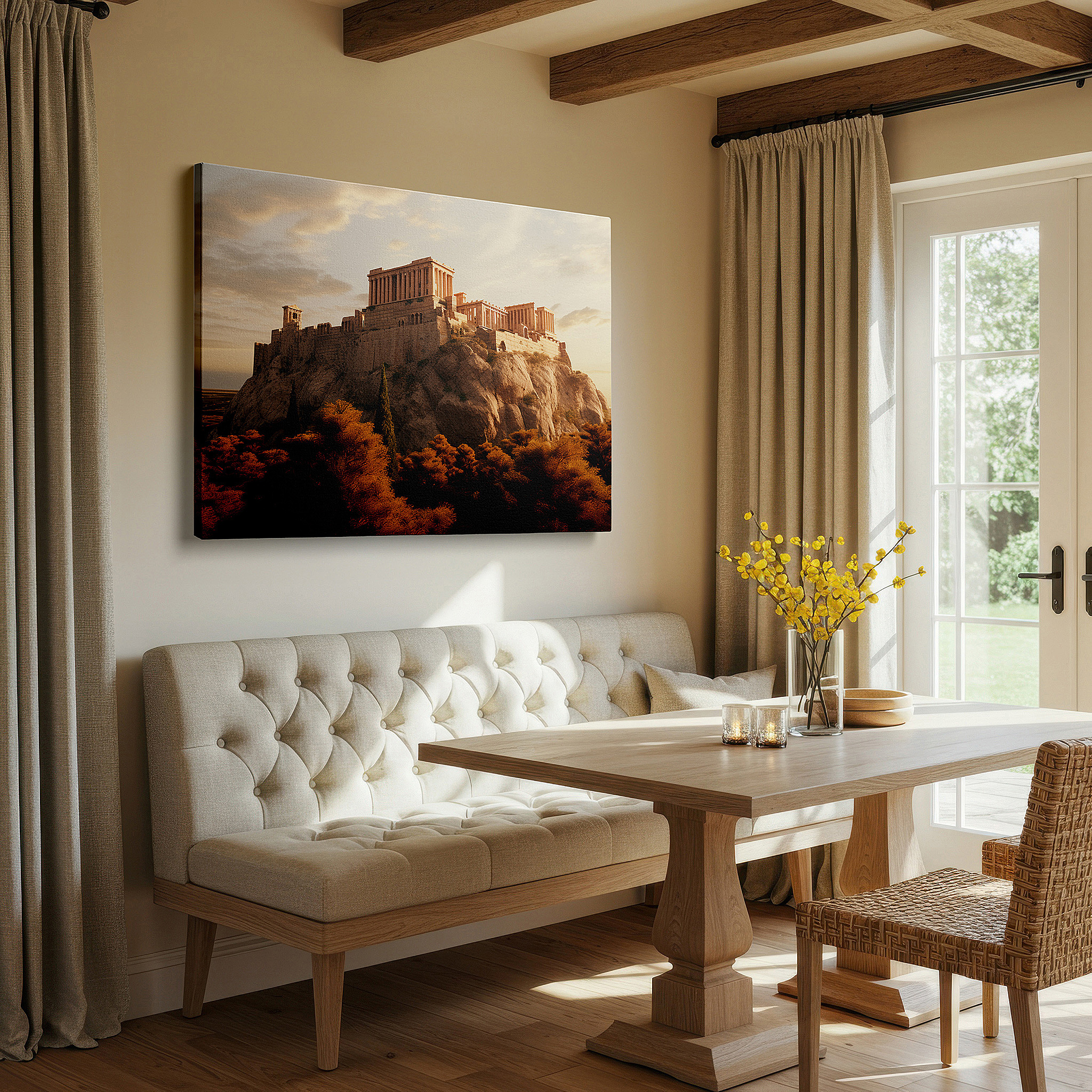 Hung in a cozy reading nook beside a floor lamp and bookshelf — historic ruins surrounded by autumn's vibrant leaves - a pictorial exploration of history and nature large wall art, canvas wall art, wall decor, office wall art