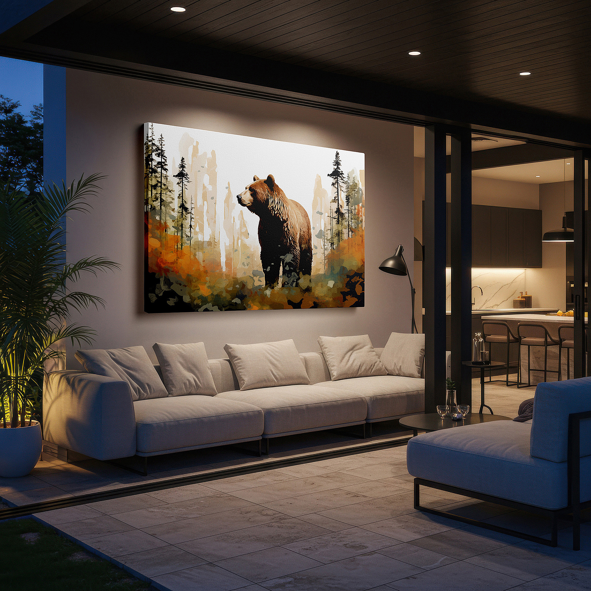 Hung in a cozy reading nook beside a floor lamp and bookshelf — majestic bear in lush wilderness: a blend of realistic and abstract aesthetics - large canvas wall art for home and office decor