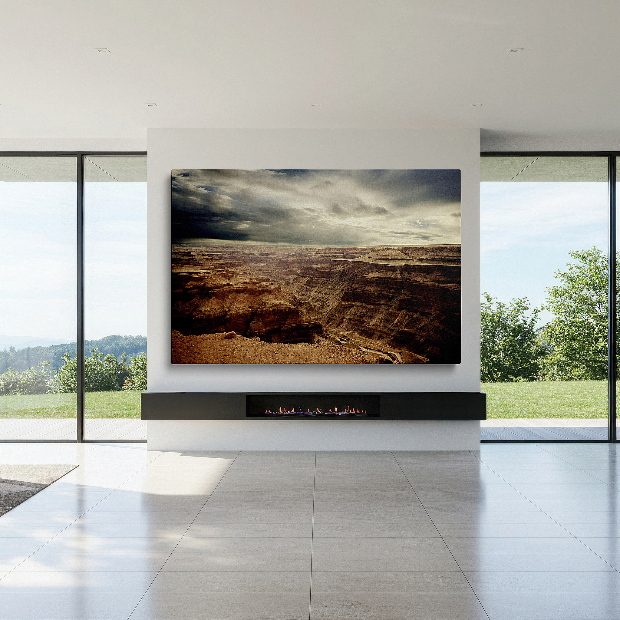 Hung in a cozy reading nook beside a floor lamp and bookshelf — majestic canyon beneath stormy skies: enigmatic wilderness scene for thoughtful environments, large canvas wall art, office decor