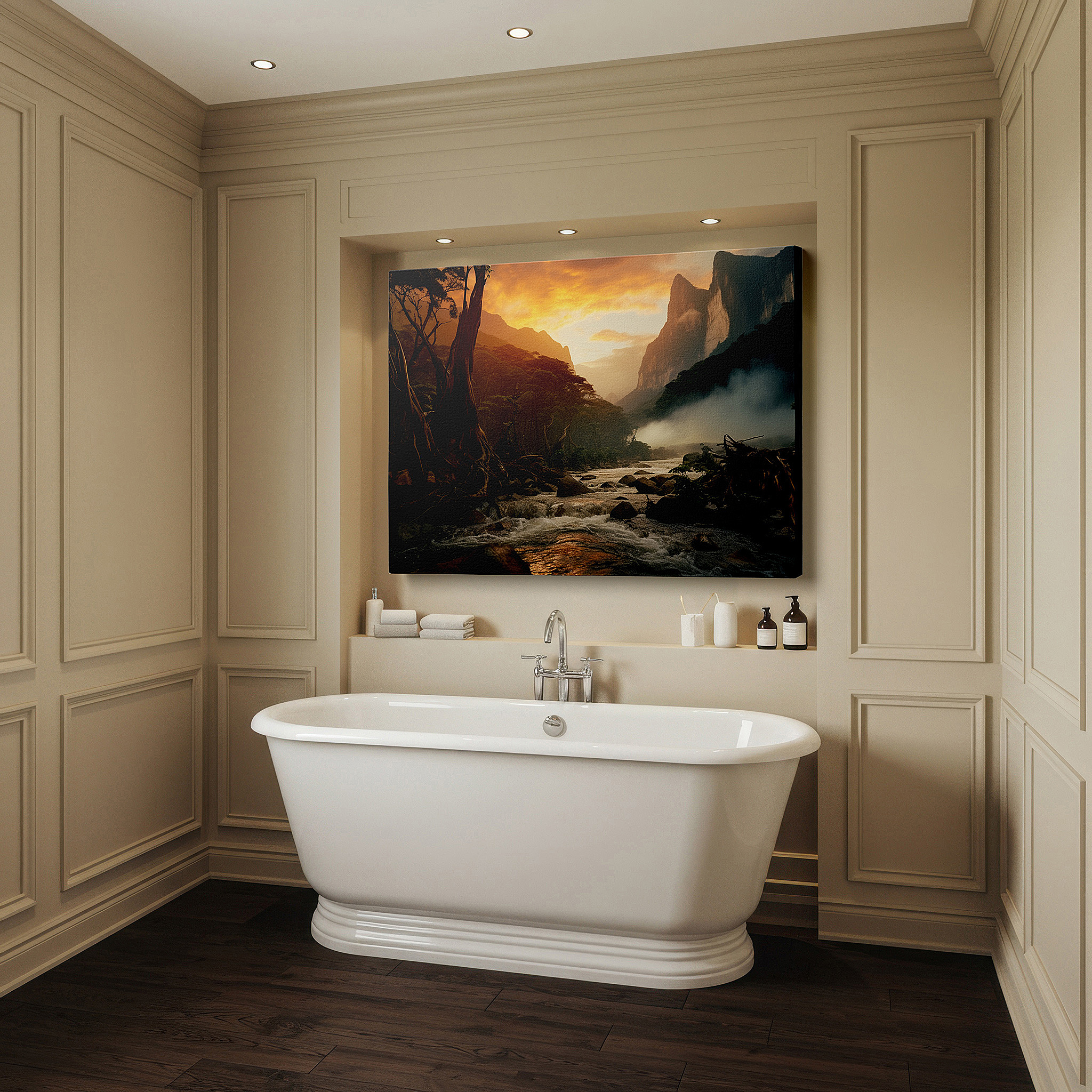 Hung in a cozy reading nook beside a floor lamp and bookshelf — majestic peaks and misty dawns - exquisite depiction of nature's splendor large wall art, canvas wall art, wall decor, office wall art, bedroom wall art