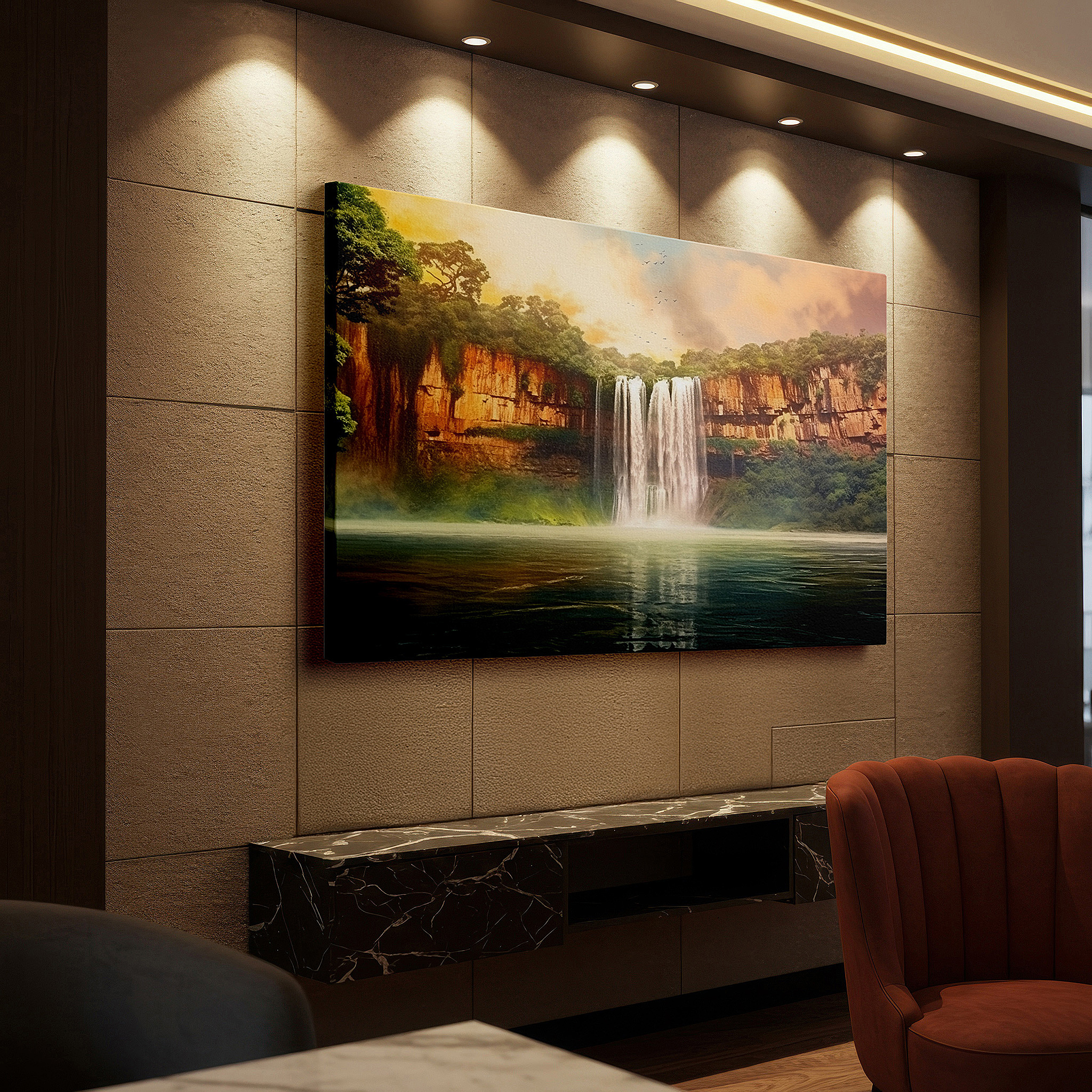 Hung in a cozy reading nook beside a floor lamp and bookshelf — majestic waterfall canvas wall art: rugged cliffs and lush greenery illuminated by sunset hues