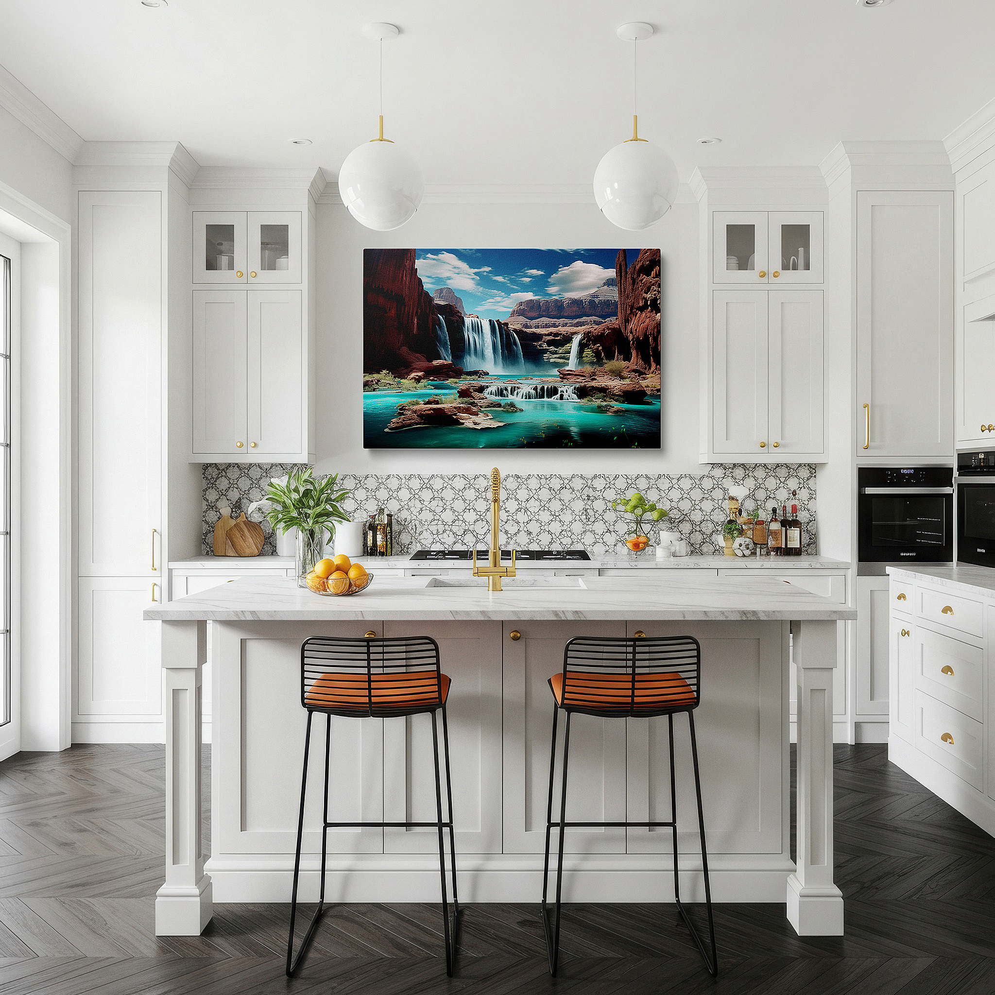 Hung in a cozy reading nook beside a floor lamp and bookshelf — majestic waterfalls and turquoise pool surrounded by lush greenery and rugged cliffs large wall art, canvas wall art, wall decor for office and bedroom