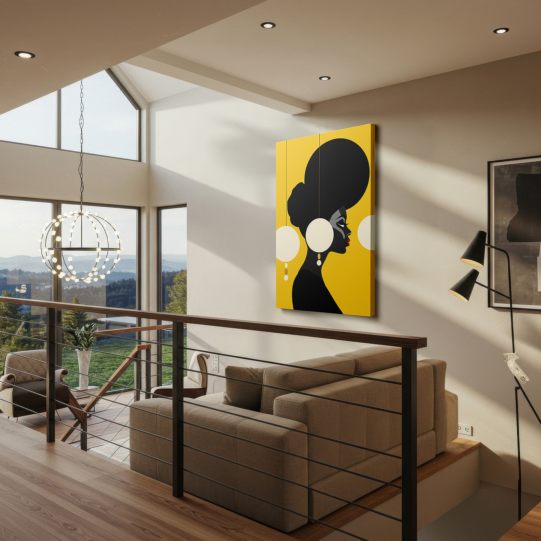 Hung in a cozy reading nook beside a floor lamp and bookshelf — modern elegance blends with classic charm in a striking display of sophistication and style: large wall art, canvas wall art, wall decor, office wall art