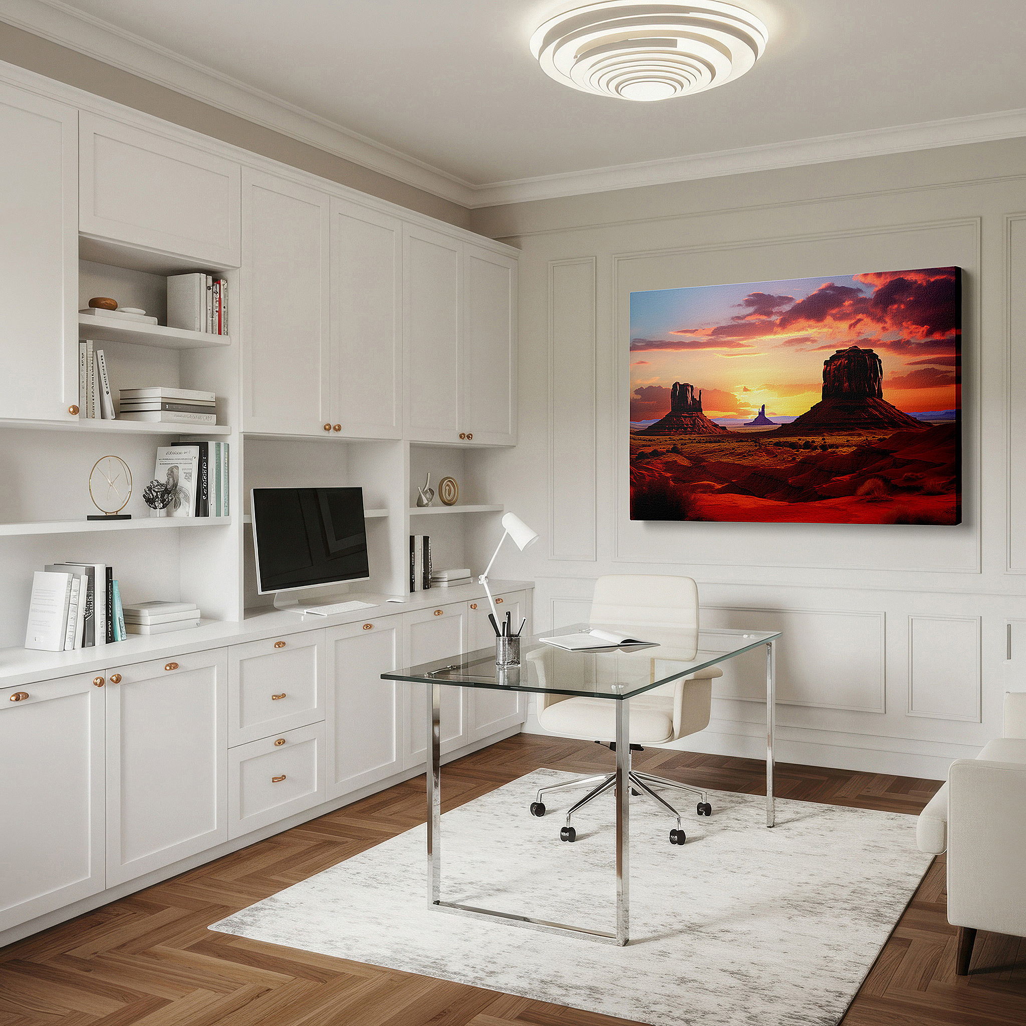 Hung in a cozy reading nook beside a floor lamp and bookshelf — monument valley sunset majesty large canvas wall art for office, bedroom, and living room decor