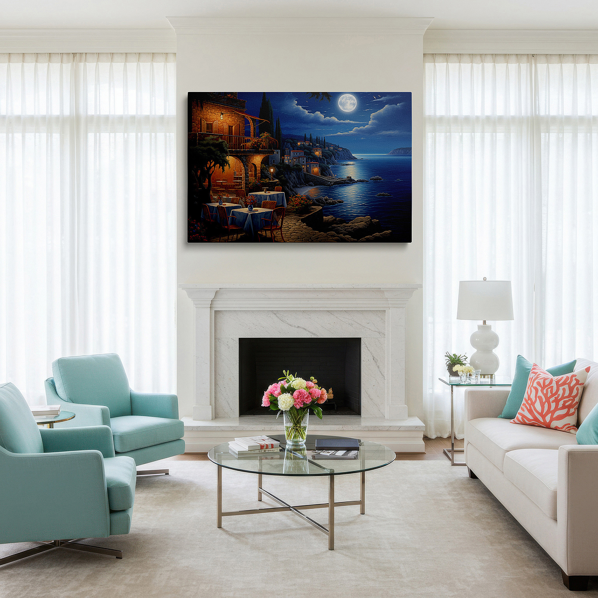 Hung in a cozy reading nook beside a floor lamp and bookshelf — moonlit coastal dining under a bright moon - serene seaside escape large wall art, canvas wall art, wall decor for office and bedroom