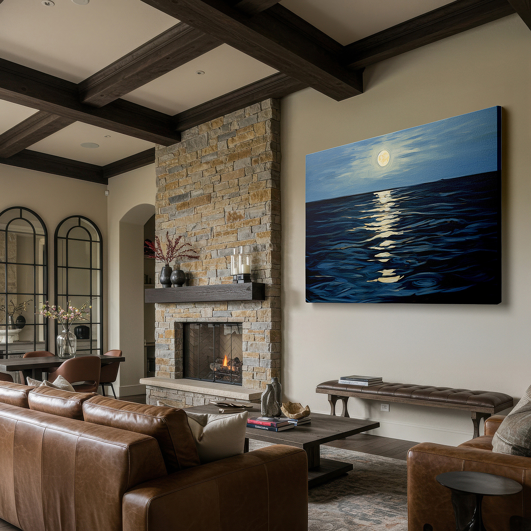 Hung in a cozy reading nook beside a floor lamp and bookshelf — moonlit ocean tranquility: serene silvery waves and gentle light - large canvas wall art for home and office decor