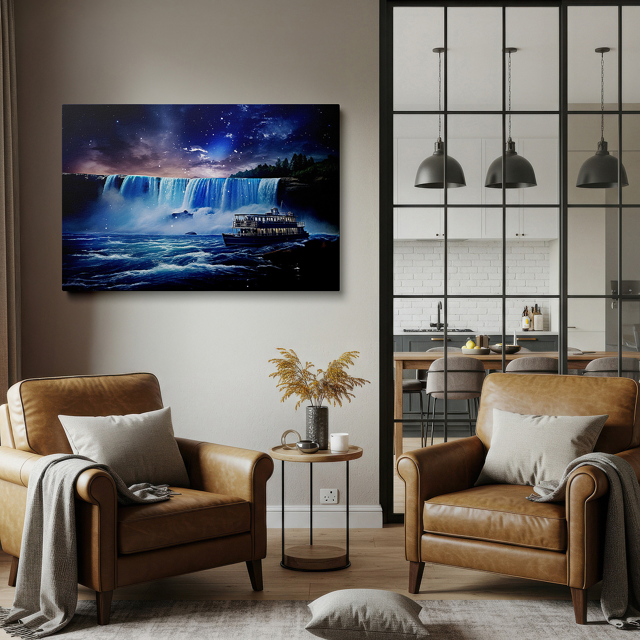 Hung in a cozy reading nook beside a floor lamp and bookshelf — moonlit waterfall and starry sky with solitary boat canvas wall art for office decor